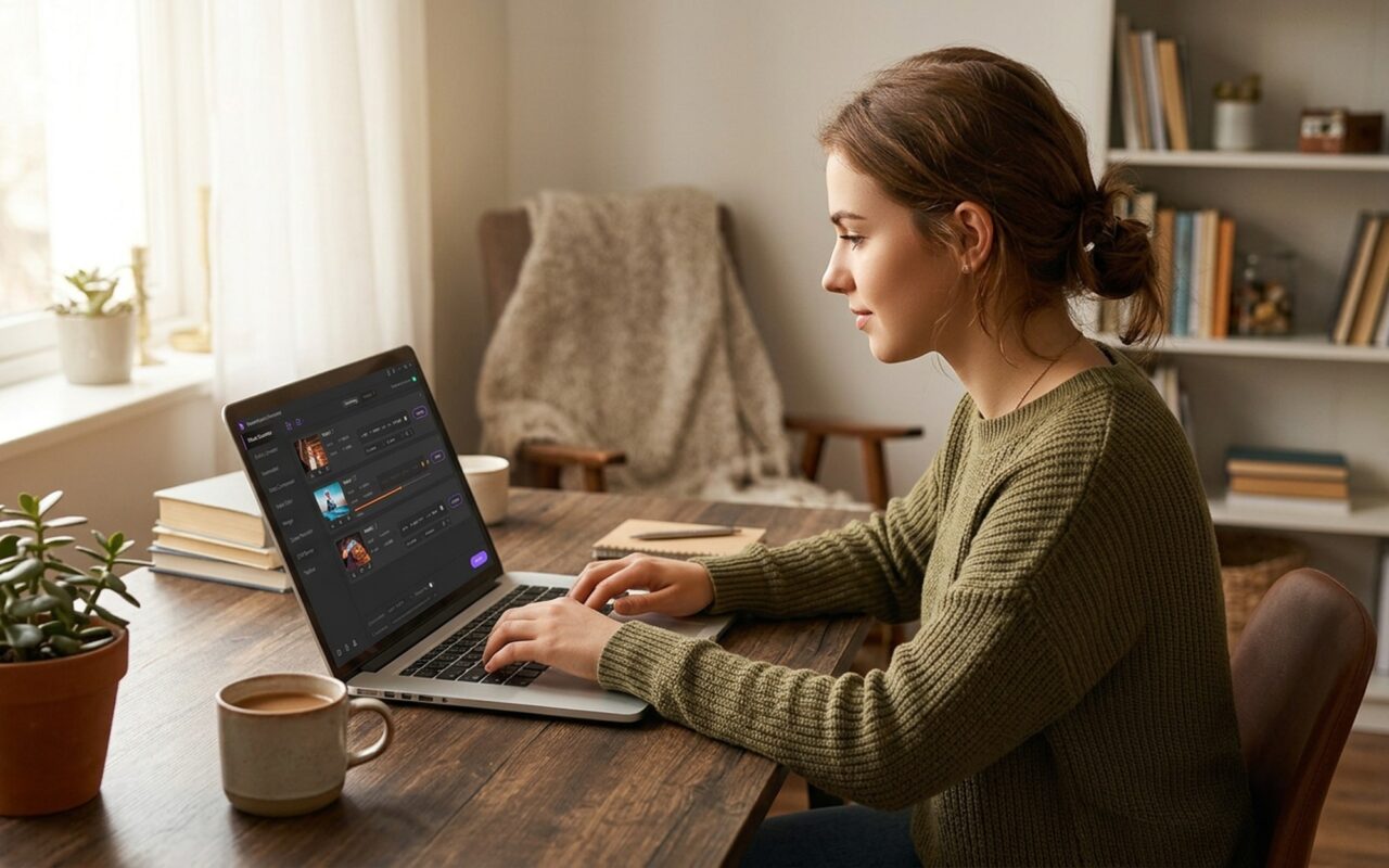 Young man at a modern desk converting a video file on a laptop, multiple format options visible on screen, soft window light