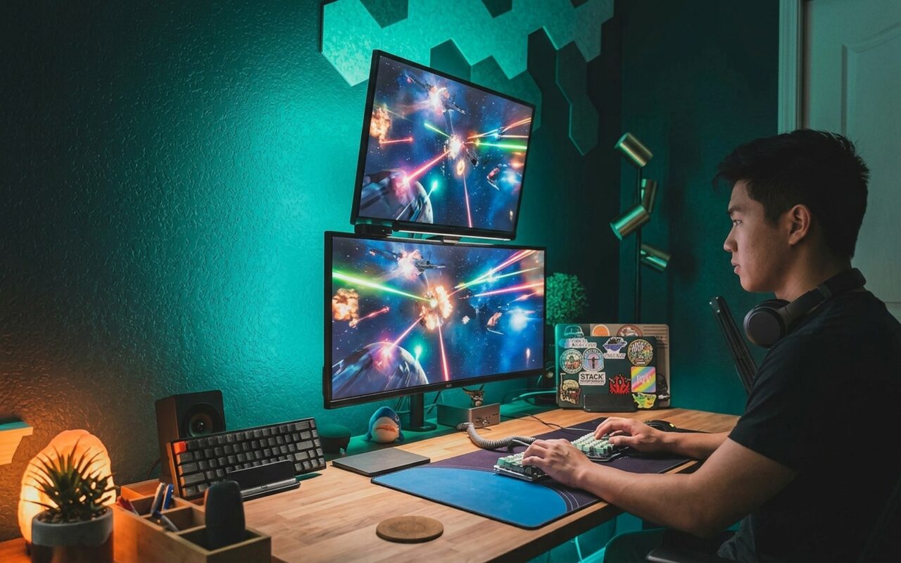 Young man at a premium gaming desk with triple monitors RGB lighting and clean cable management setup in a modern gaming room