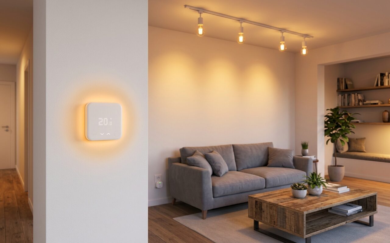 Energy-saving smart home devices including a smart thermostat smart plug and LED smart bulbs arranged in a modern living room with warm ambient lighting