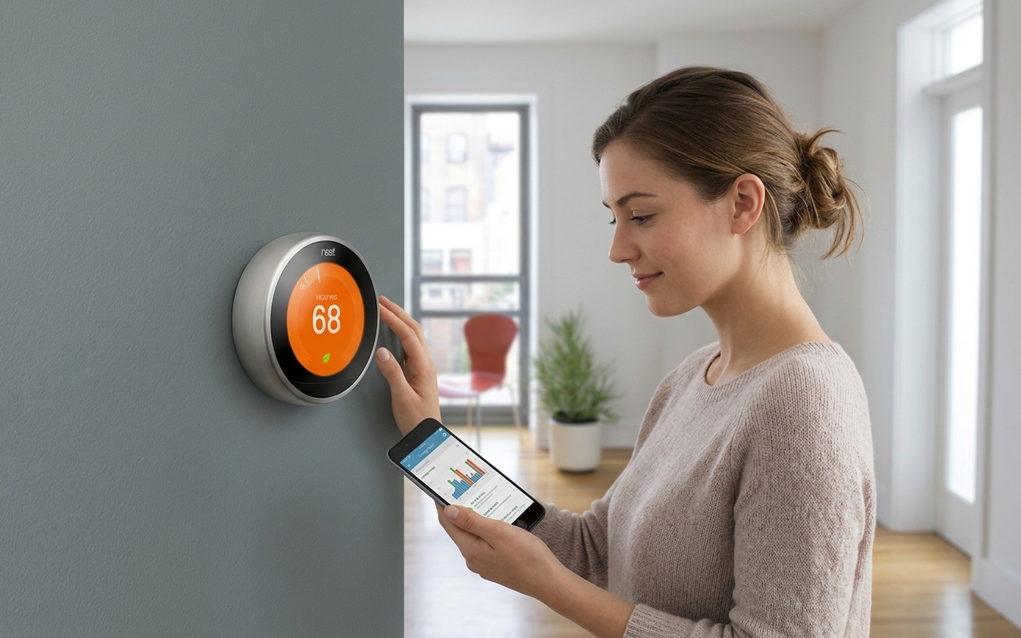 Smart thermostat mounted on wall displaying energy usage data with smartphone showing companion app beside it