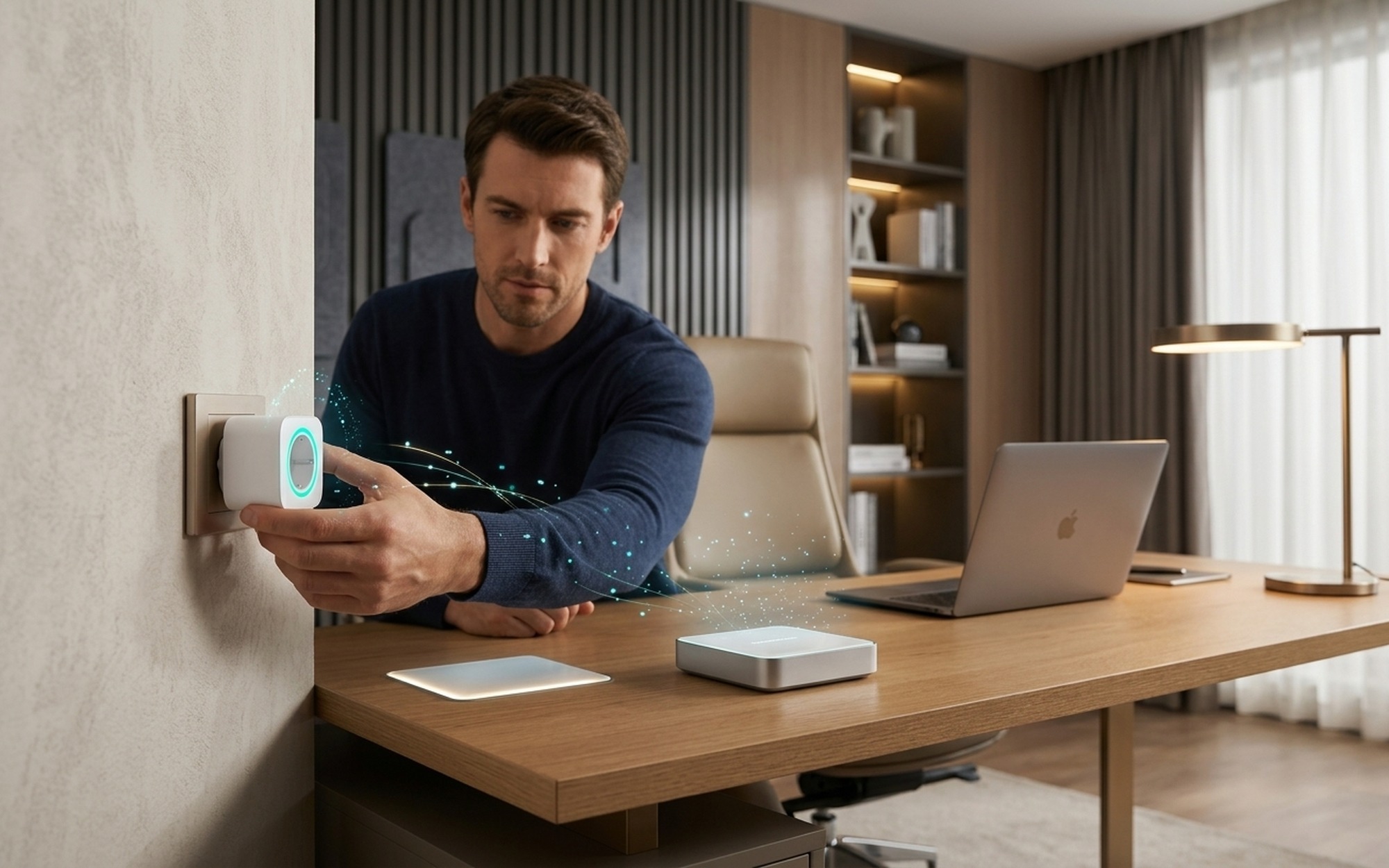 Smart plug and energy monitor connected to home appliances showing real-time power consumption data on a companion app