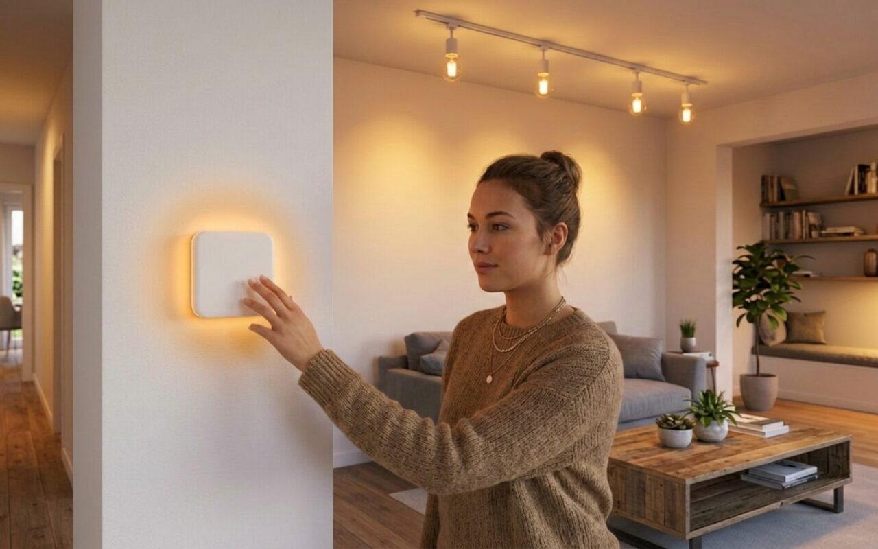 Person adjusting the Ecobee Smart Thermostat Premium touchscreen display mounted on a modern white wall in a bright contemporary living room
