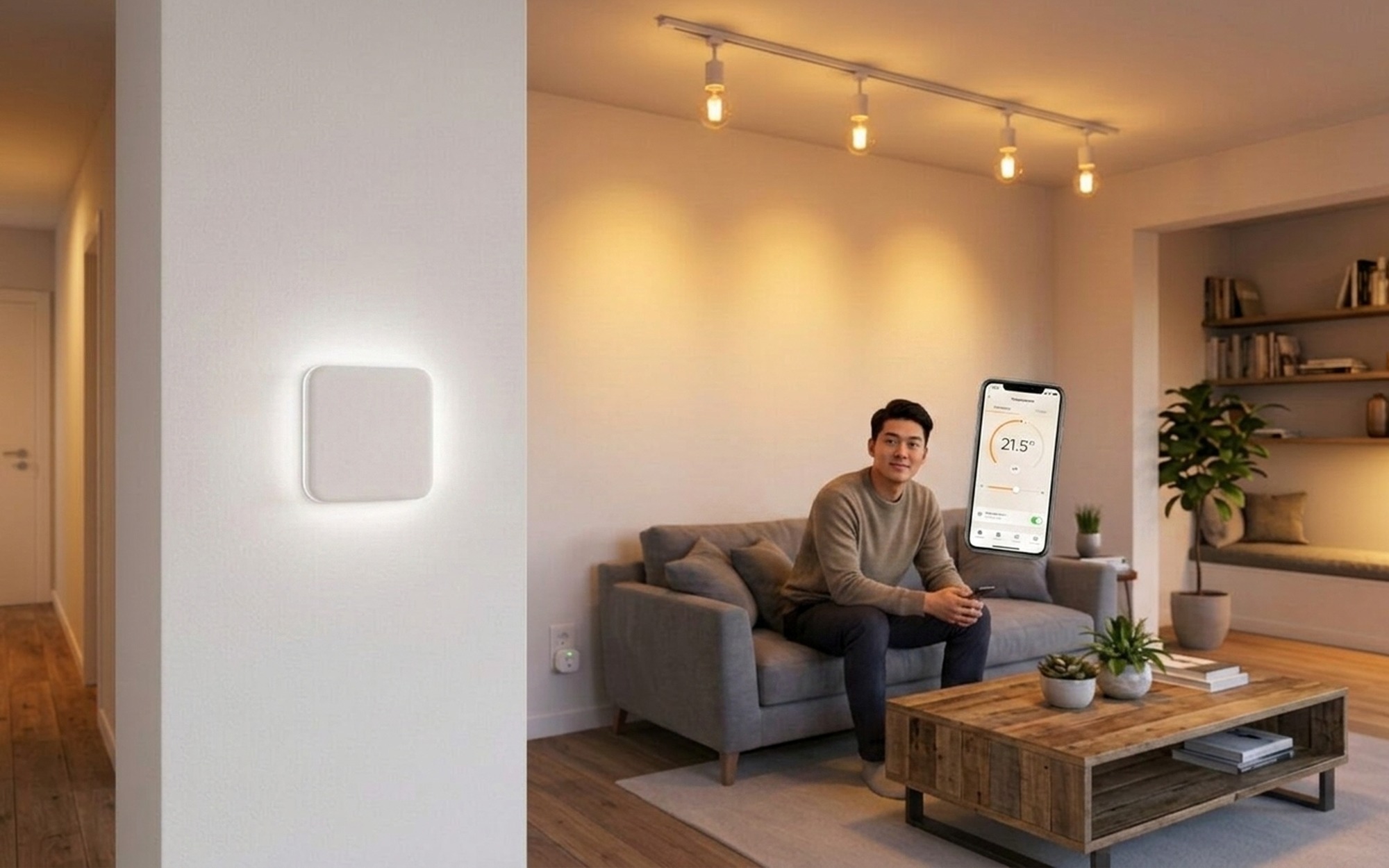 Young woman using a smartphone app to control smart thermostat temperature remotely while relaxing on a couch at home