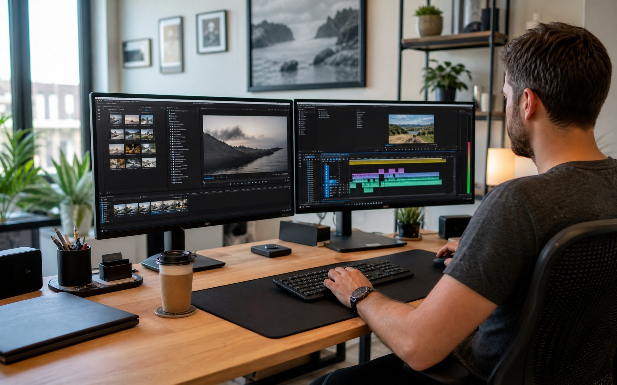 best video editing software 2026 -- video editor comparison review -- person at dual monitor desk comparing free and paid video editors