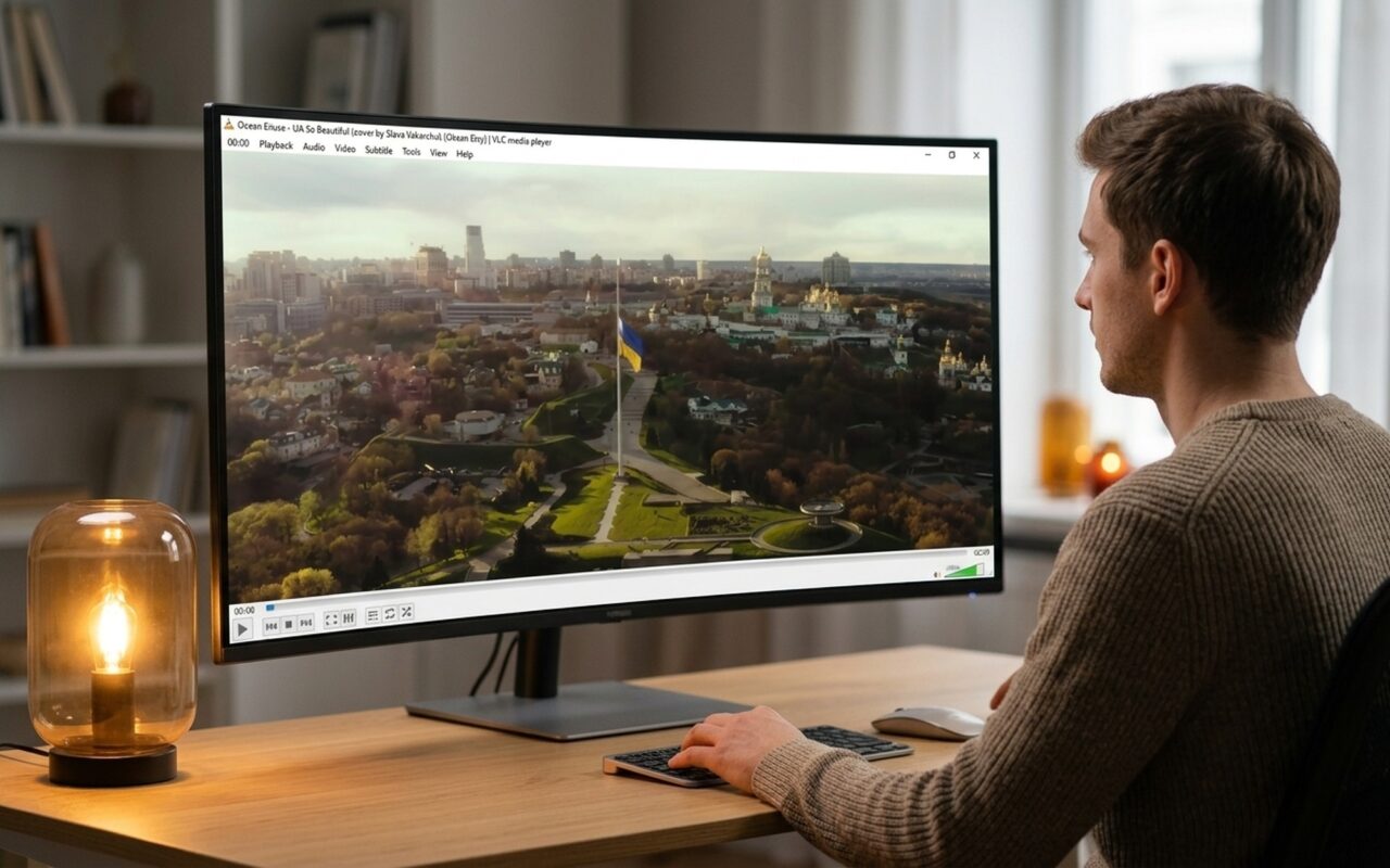 Person at home desk watching a 4K MKV video on Windows PC using VLC media player, warm ambient desk lighting, shallow depth of field