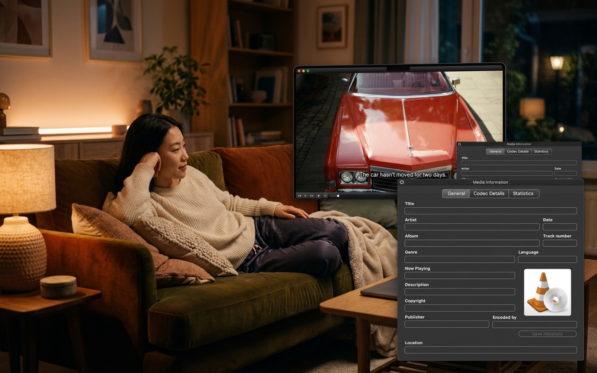 Young woman watching subtitled movie on laptop using PotPlayer for Windows, cozy home office setup