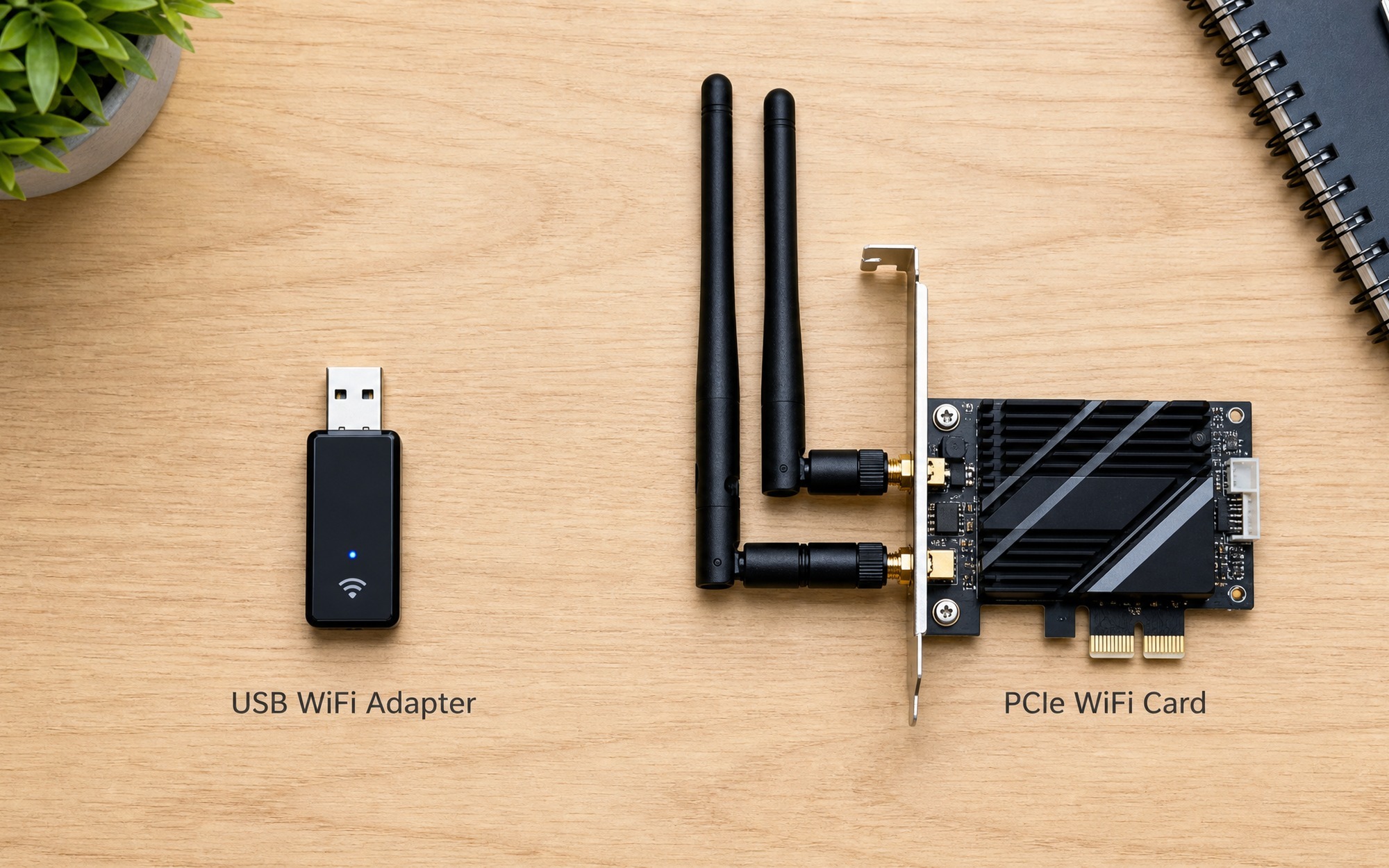 Side-by-side comparison of USB WiFi adapter and PCIe wireless card on a wooden desk, person hand holding USB adapter