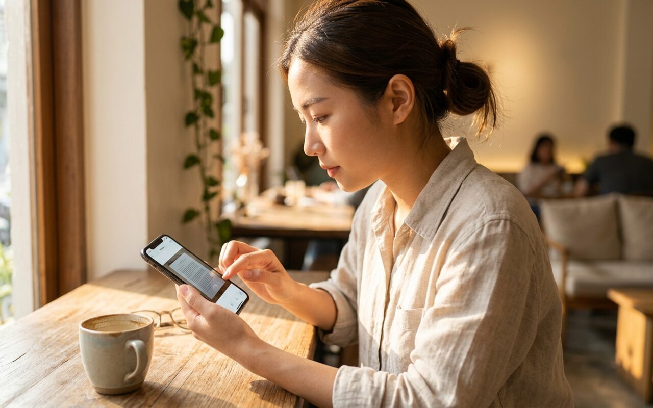Person sitting at a café table using an iPhone to convert a PDF document to an editable Word file