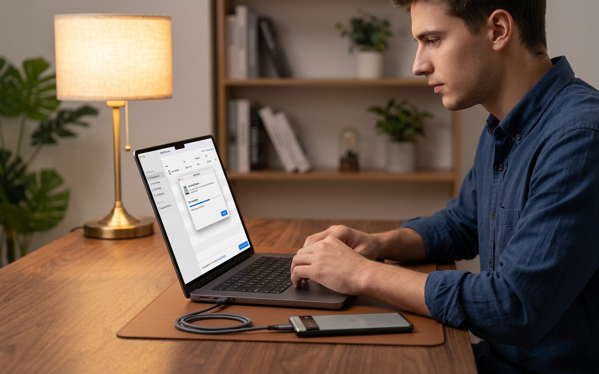 Person connecting iPhone to MacBook with USB cable to run data recovery software scan at a desk