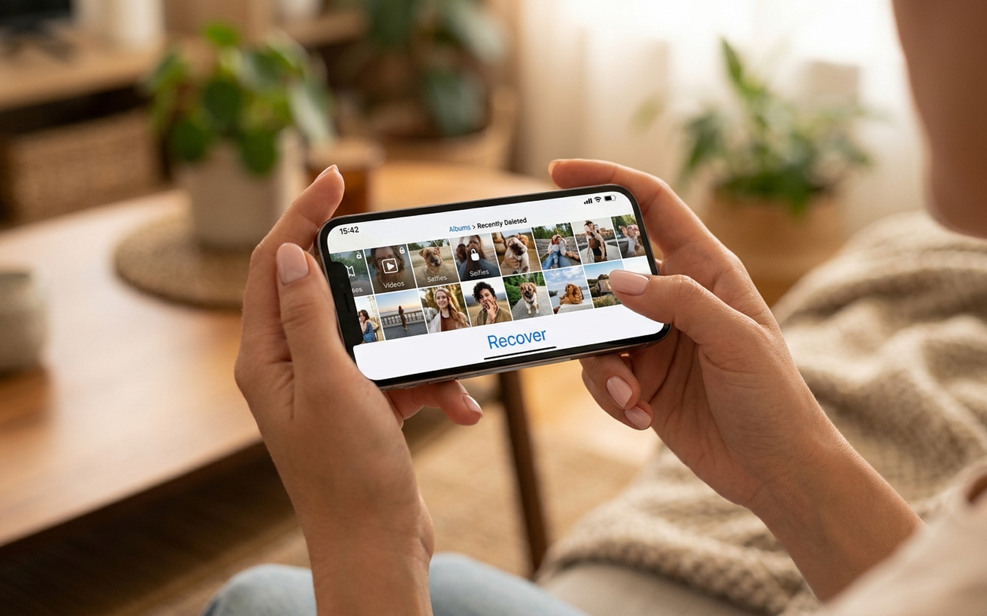 Close-up of hands holding an iPhone showing the Recently Deleted photos folder in iOS 18