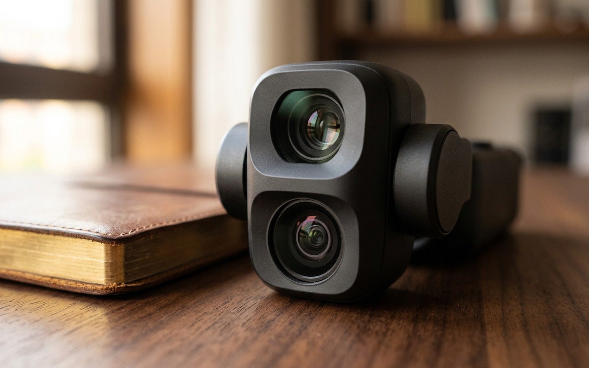 Close-up of DJI Osmo Pocket 4P dual-lens camera module showing stacked telephoto and wide-angle lenses on wooden desk