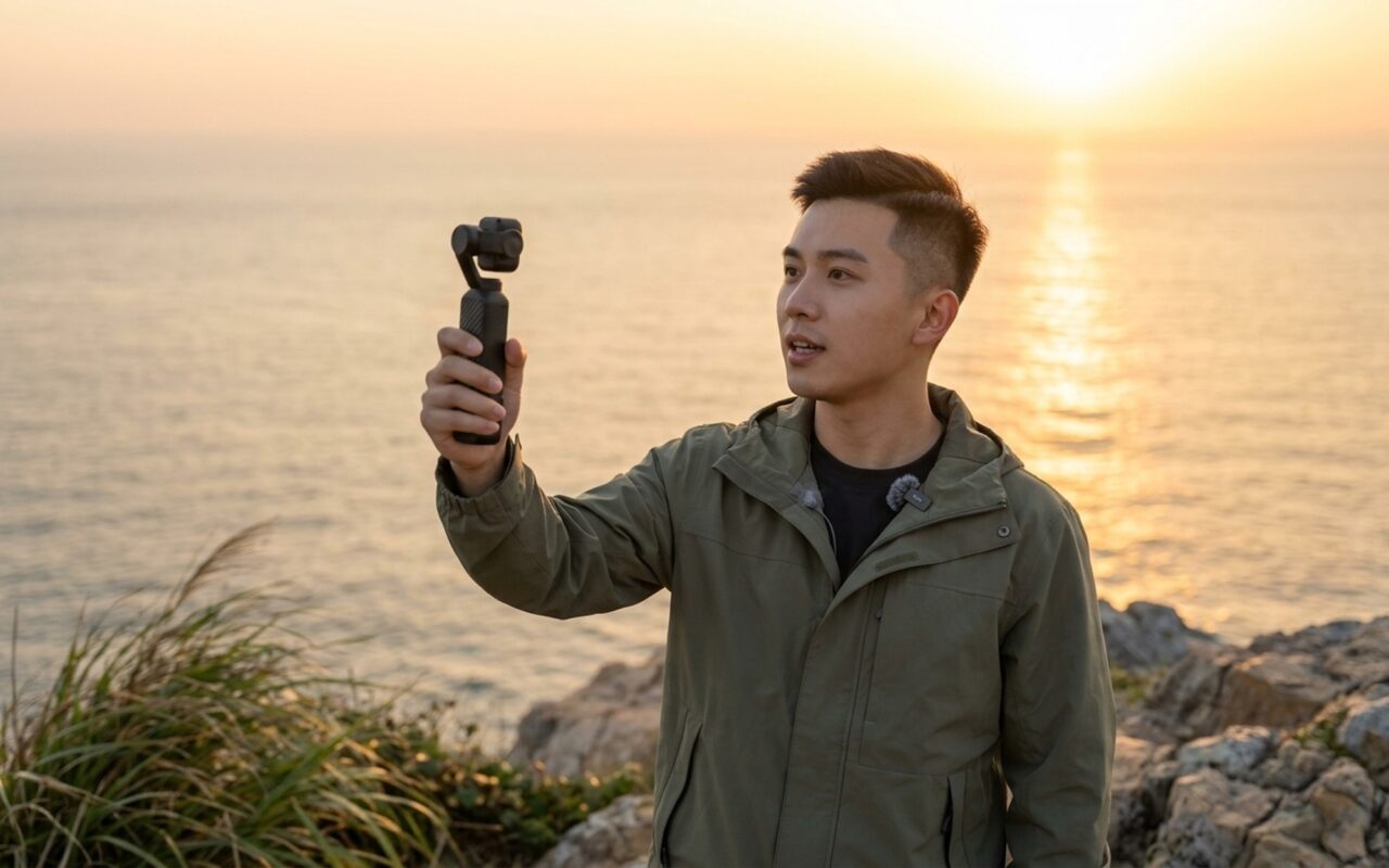 Young man vlogging on coastal cliff at sunset with DJI Osmo Pocket 4P gimbal camera, golden hour ocean background
