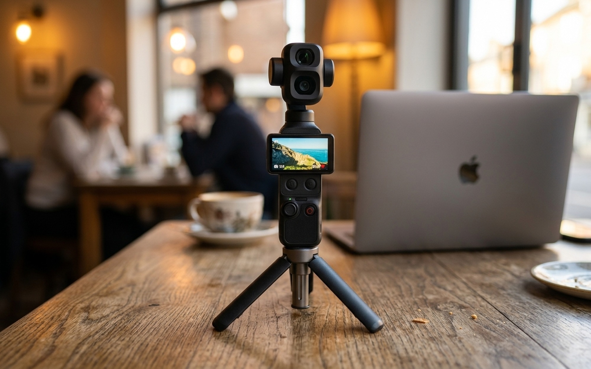 DJI Osmo Pocket 4P on mini tripod in cafe showing touchscreen display with colorful coastal video footage