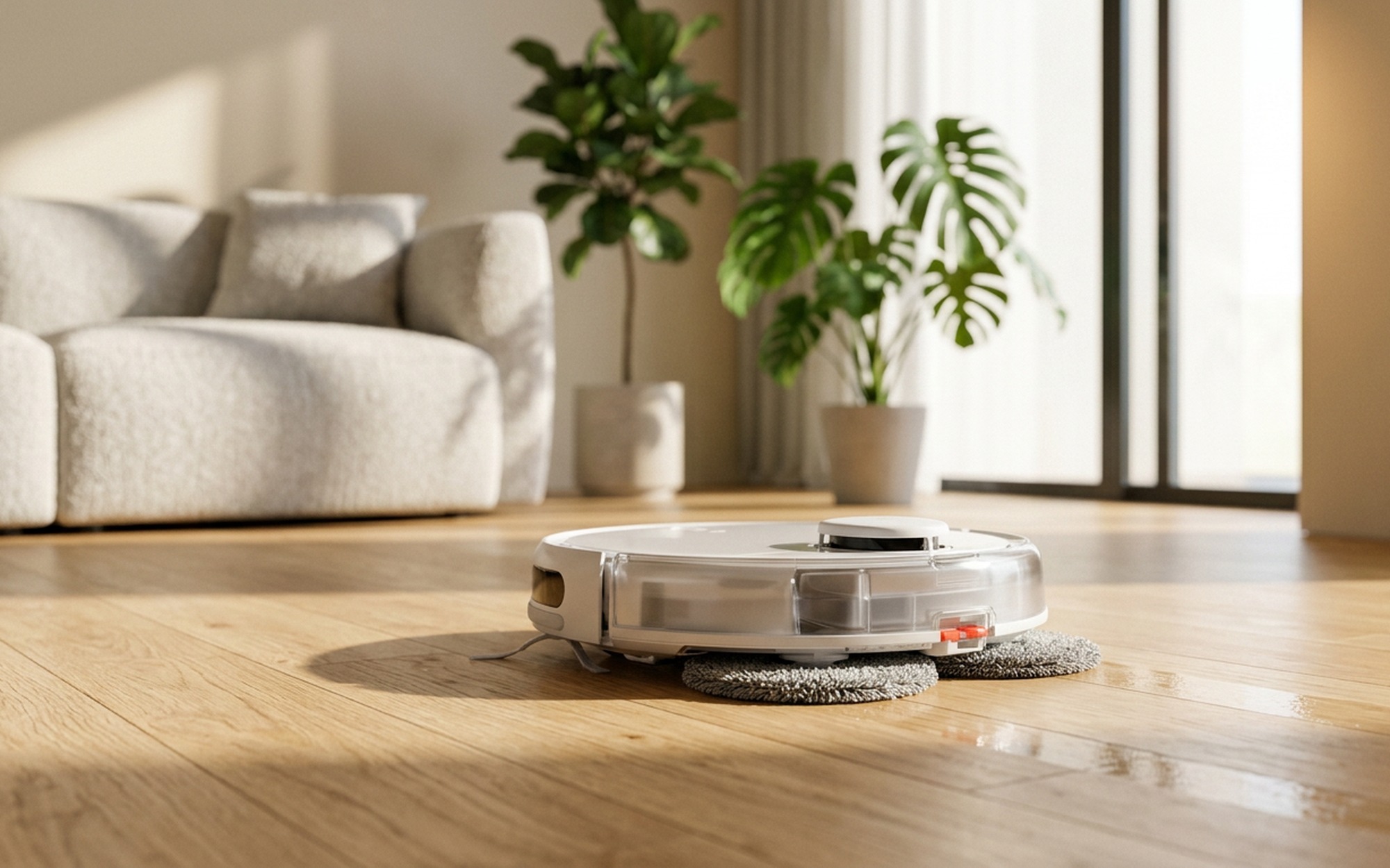DJI ROMO P2 robot vacuum with transparent dome shell autonomously cleaning a modern minimalist living room hardwood floor with soft natural window light