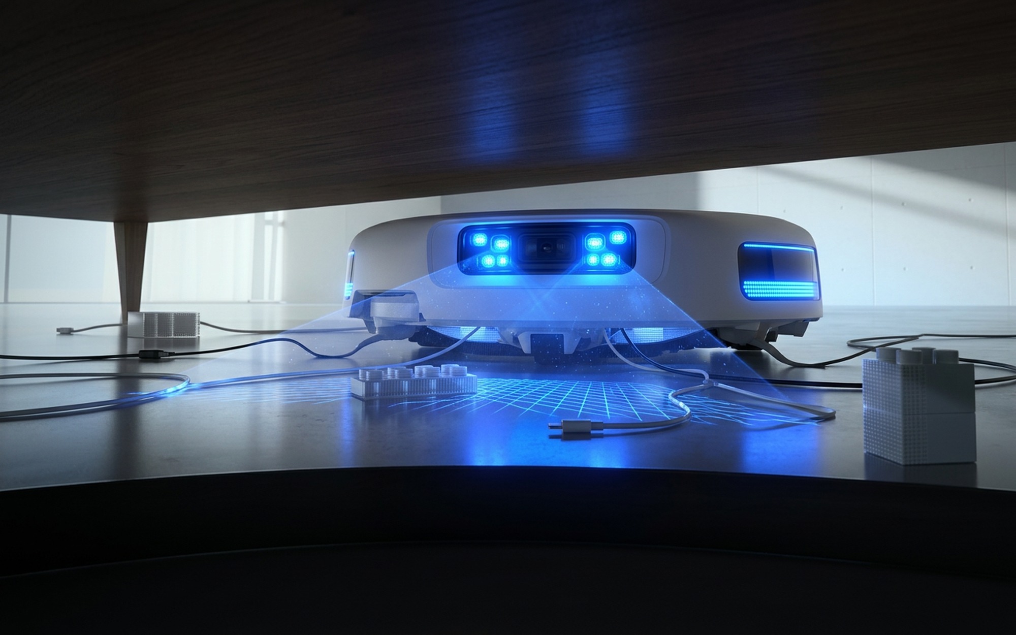 DJI ROMO P2 robot vacuum using built-in blue LED illumination to navigate autonomously under a dark wooden coffee table avoiding cables on the floor