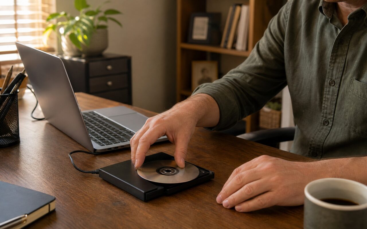 DVD to MP4 converter guide on laptop screen with external DVD drive and disc on desk, home office setup