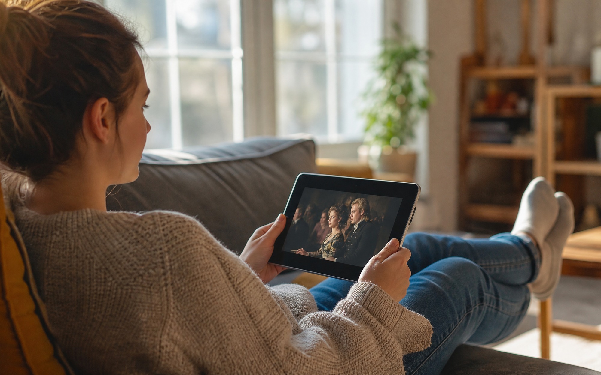 person relaxing on sofa watching converted DVD movie playing on tablet with converted MP4 file visible in media library