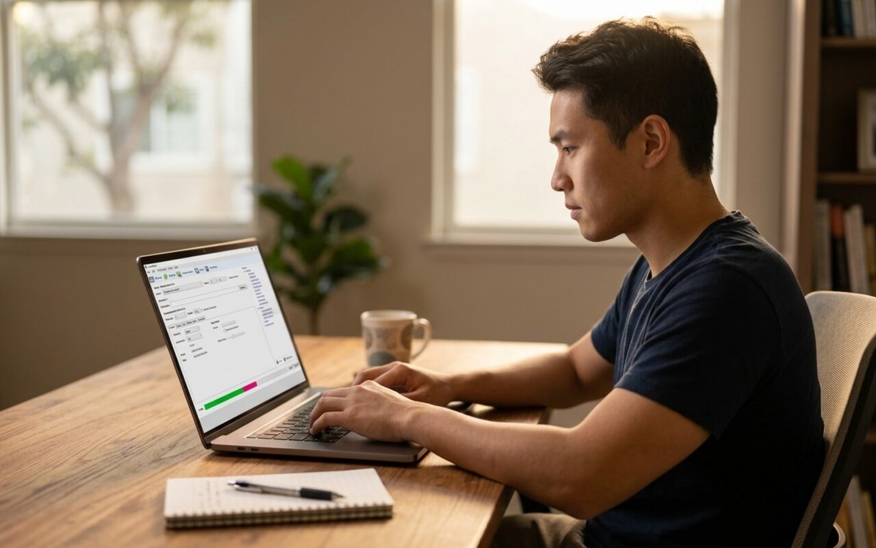 Person at a home office desk inserting a DVD into a laptop, about to convert DVD to MP4 using Windows software