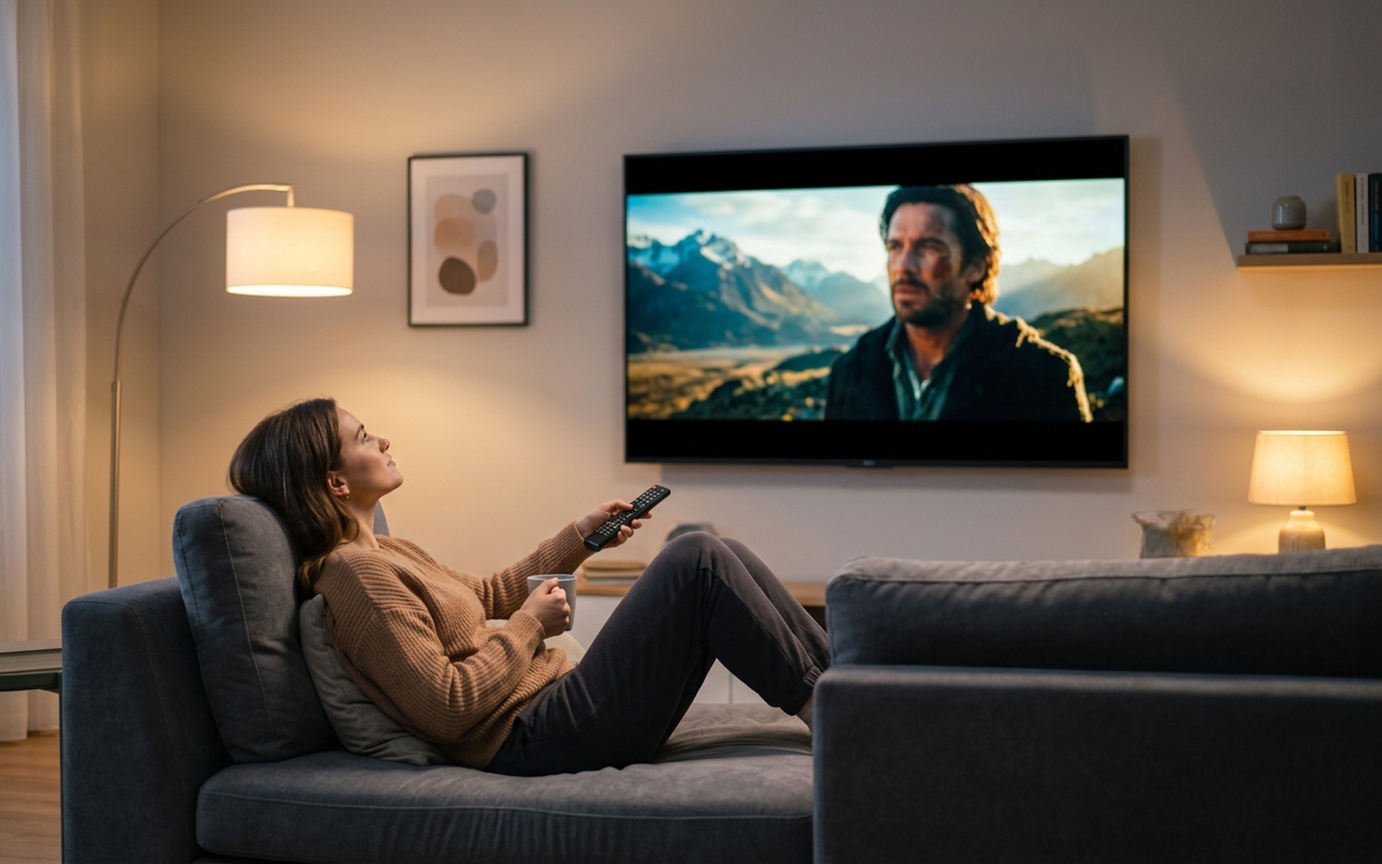 Young woman relaxing on a couch watching a converted DVD movie on a large TV connected to a Windows laptop