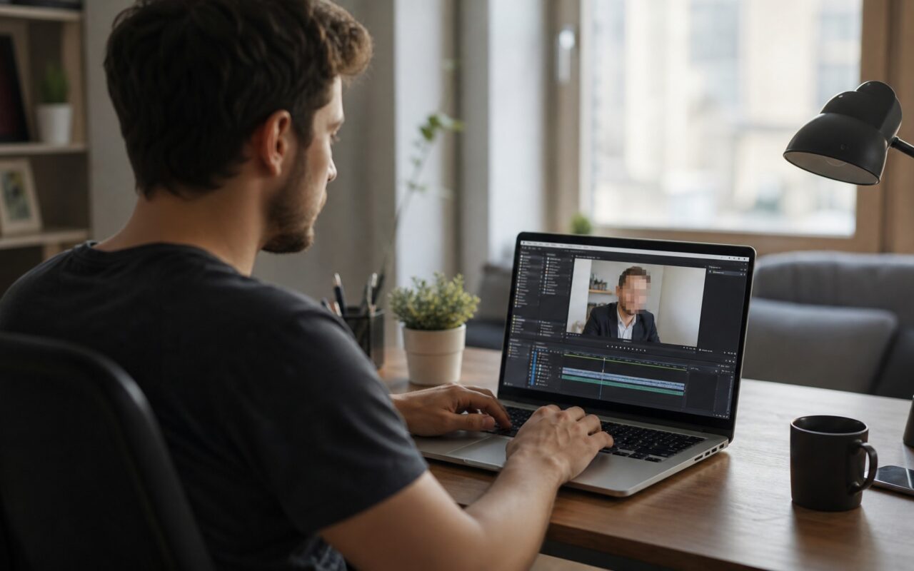 Person editing a video on laptop with face blur interface visible, modern desk setup with soft window lighting, demonstrating free face editing tools in 2026