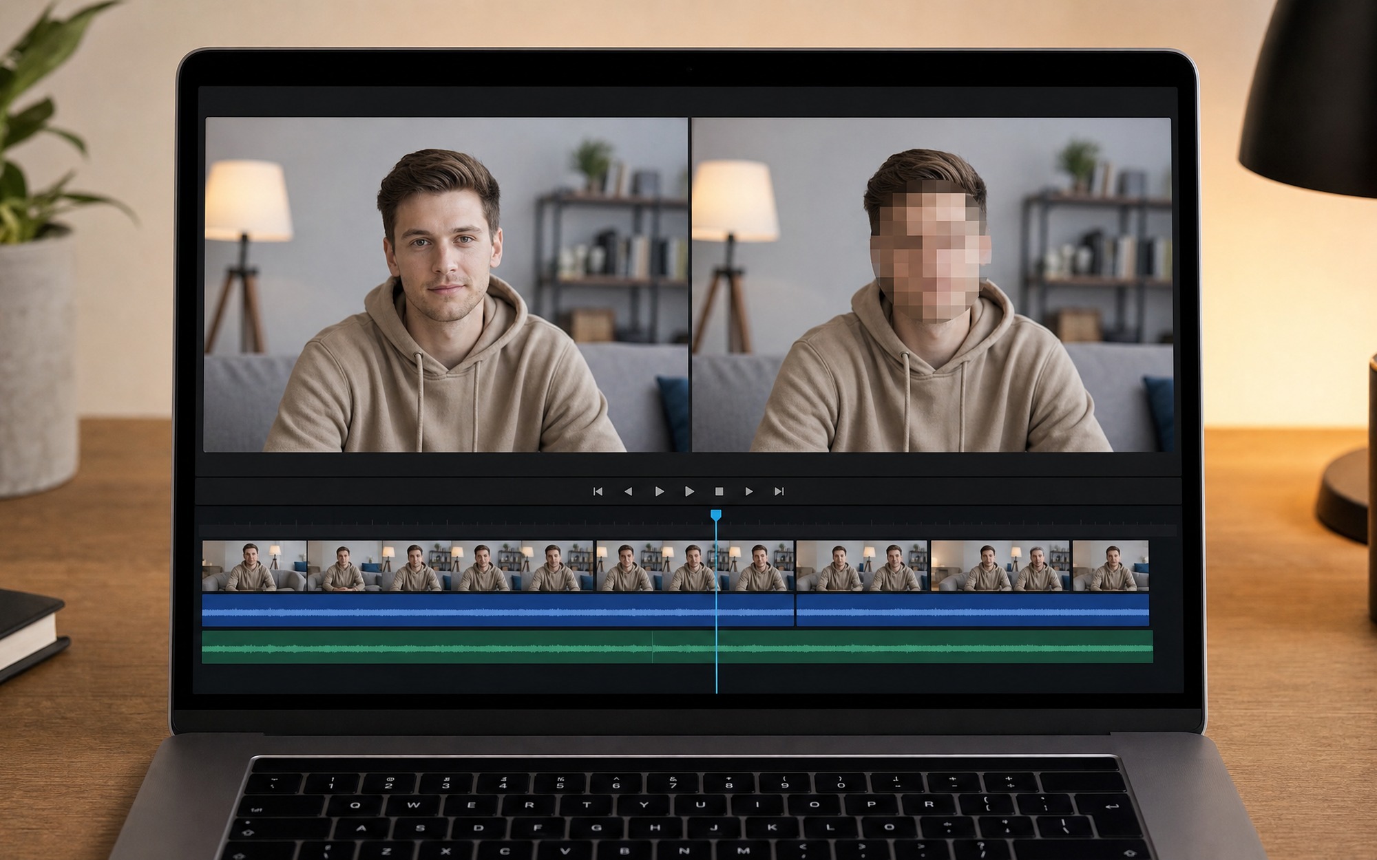 Comparison showing before and after face blur effect on a video clip using free AI face tracking technology in 2026