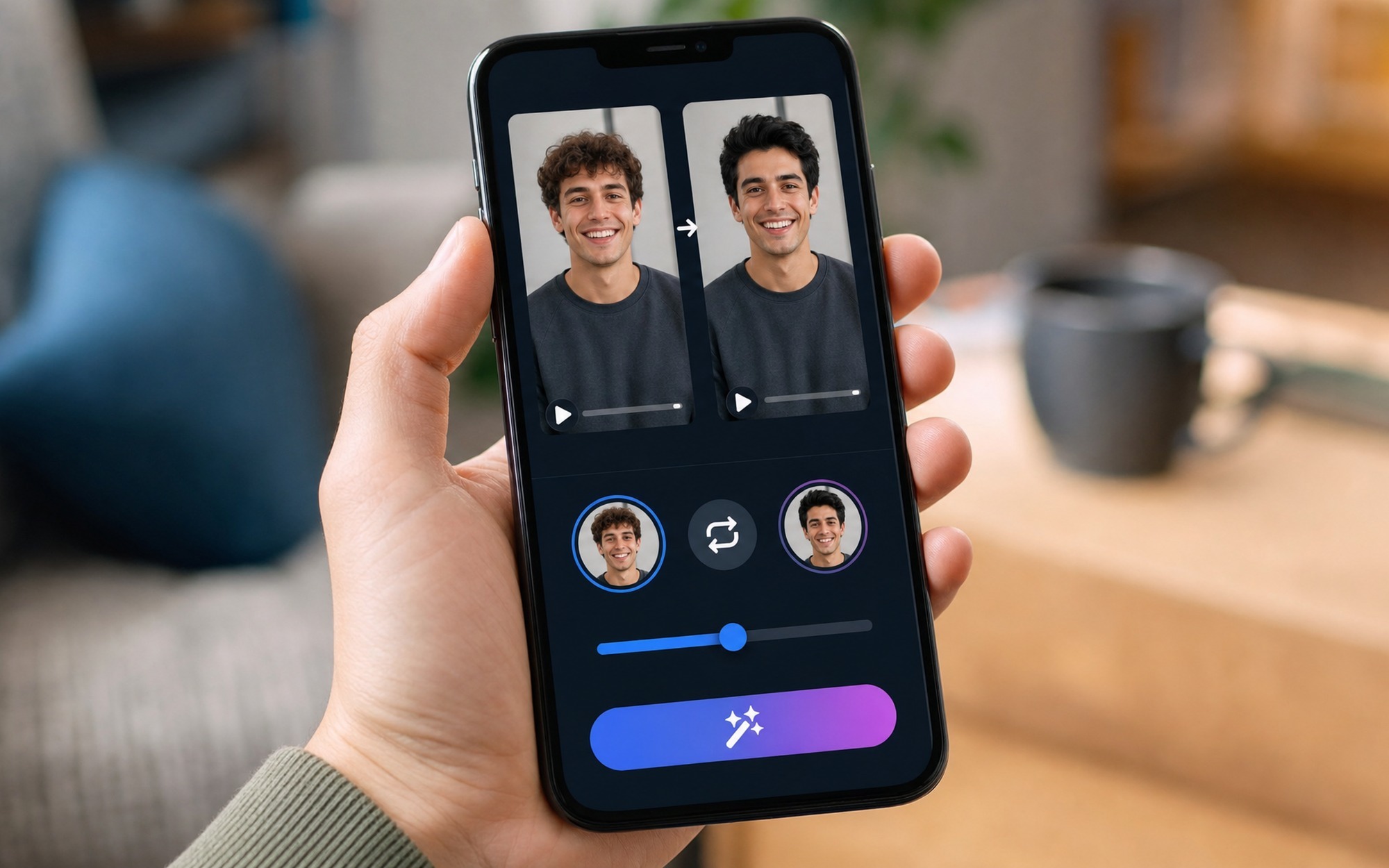 Smartphone screen displaying a free face swap app interface with AI face replacement result on video clip in 2026
