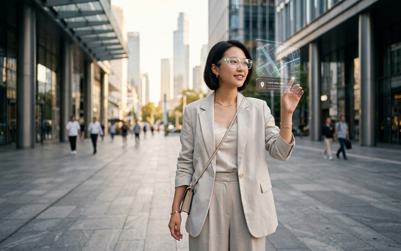 Young woman wearing sleek AR glasses outdoors in a modern city street, digital overlays visible, natural sunlight