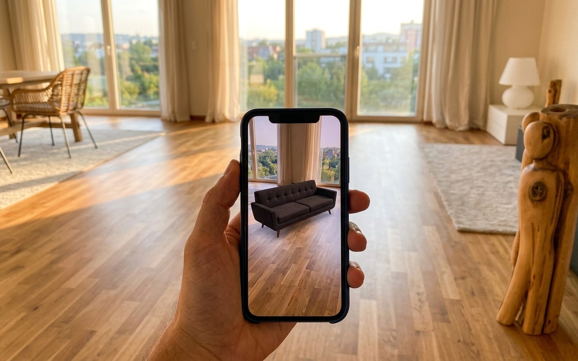 Person holding smartphone up in living room using AR furniture placement app to visualize a sofa