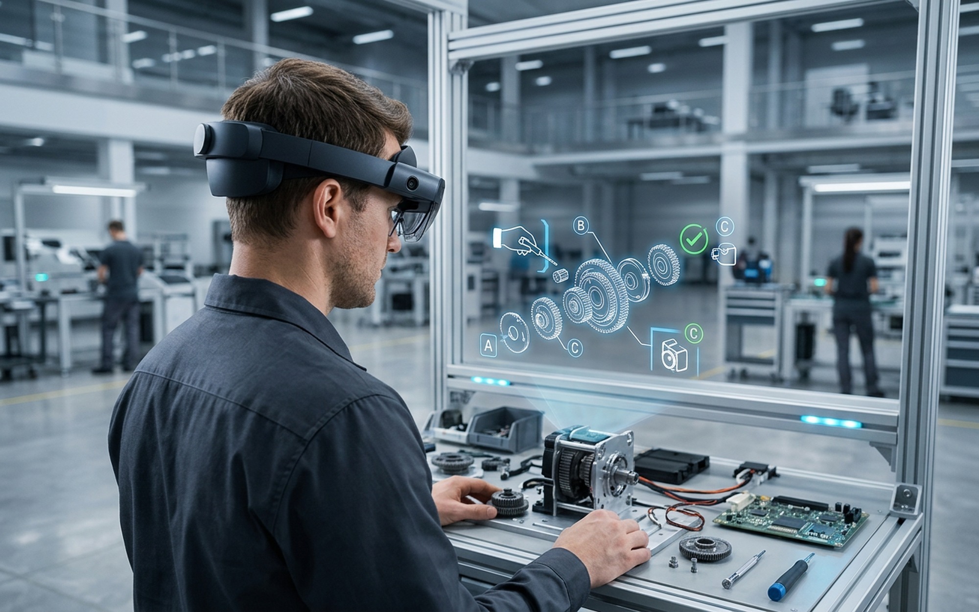 Industrial worker in a manufacturing facility wearing AR headset with digital assembly instructions overlaid