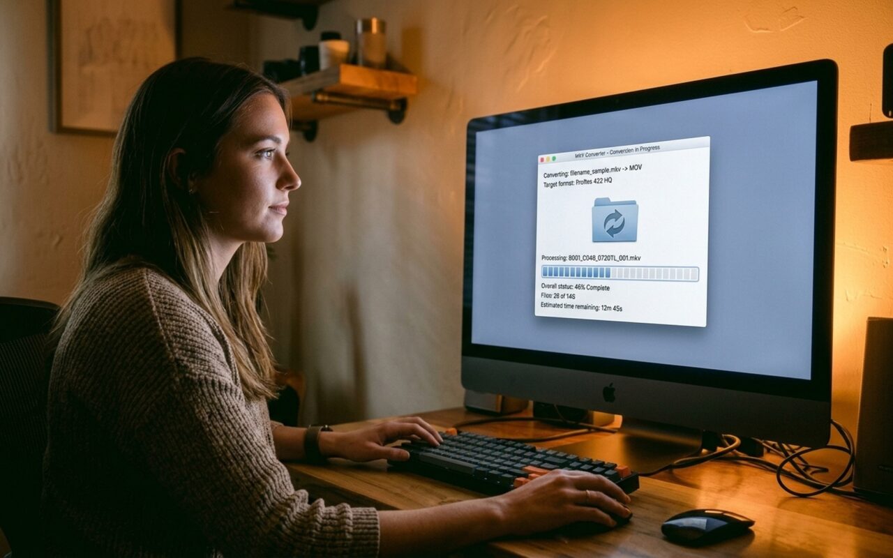 Young professional woman at a standing desk with two monitors, one showing a video converter interface converting MP4 files, bright home office window light