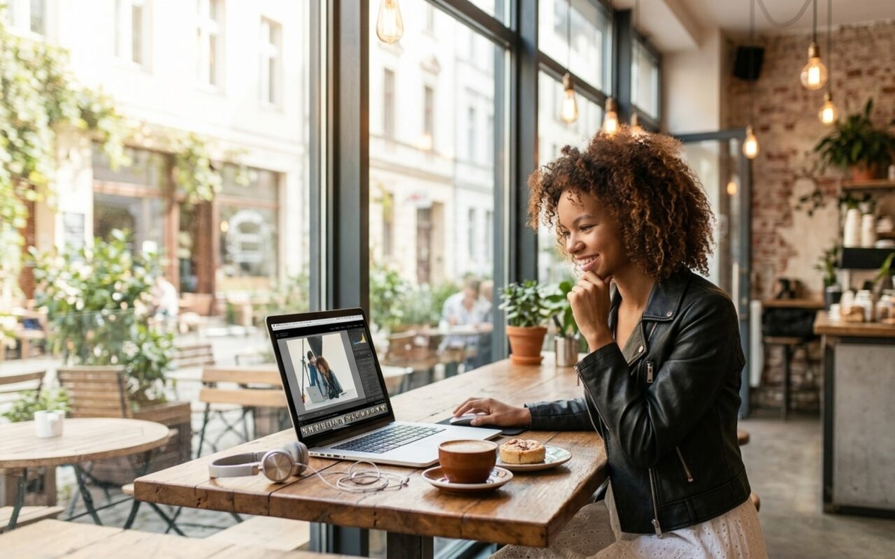 Young woman in a bright café editing a photo on her laptop using Fotor free online photo editor