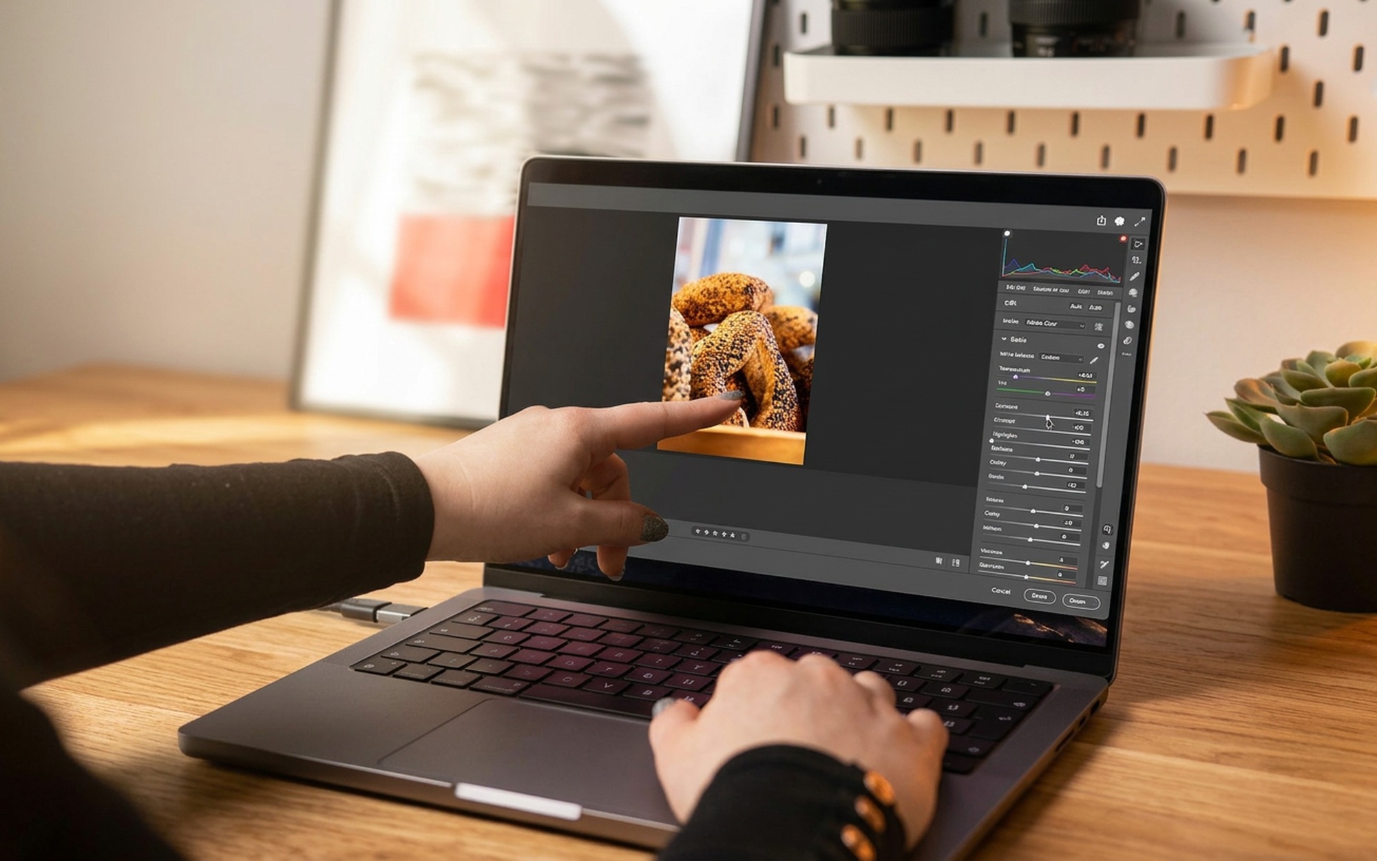 Close-up of hands adjusting brightness and color sliders in Fotor's online photo editor interface