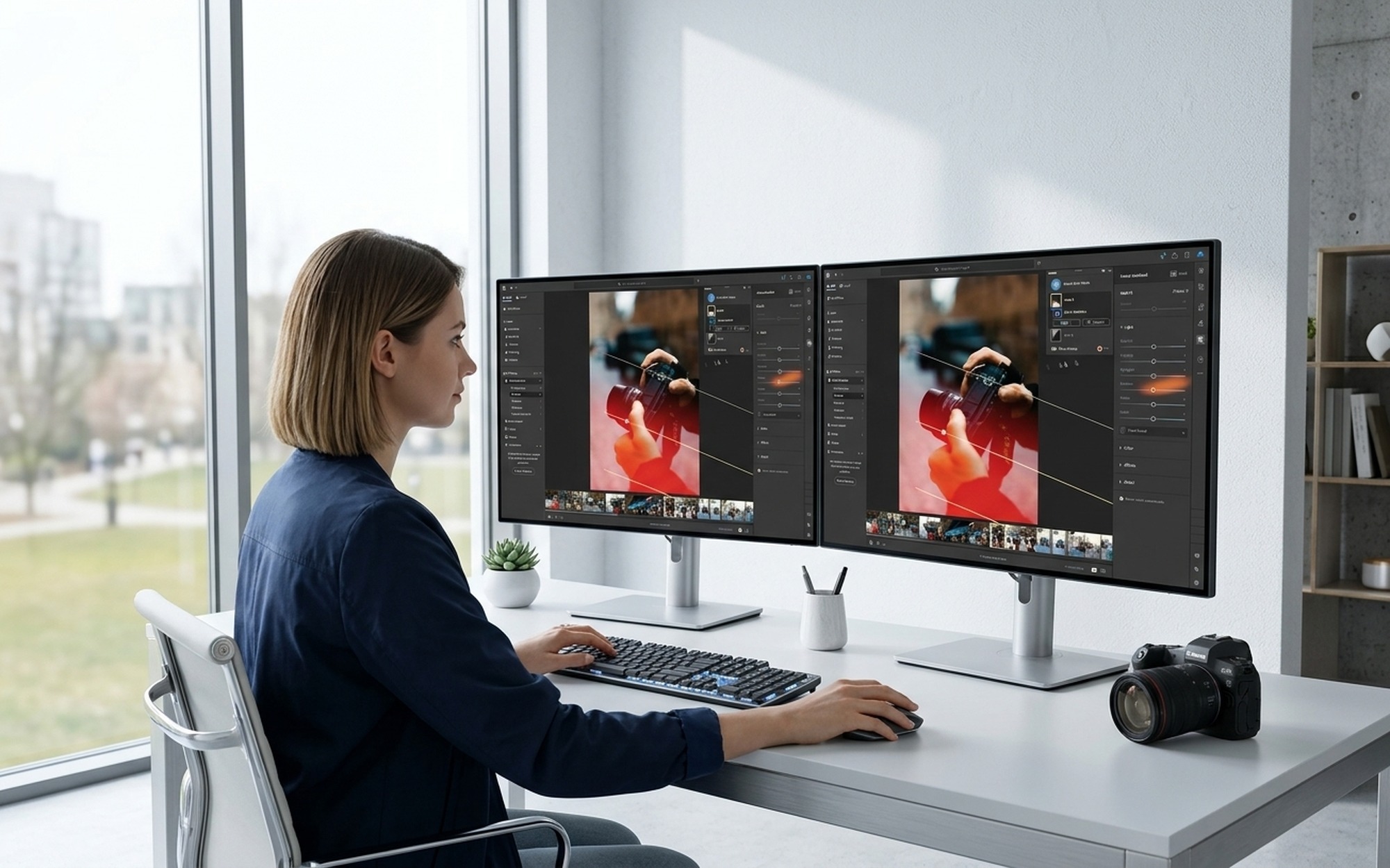 Woman at a modern desk with two monitors comparing Fotor Canva and Photopea photo editing interfaces