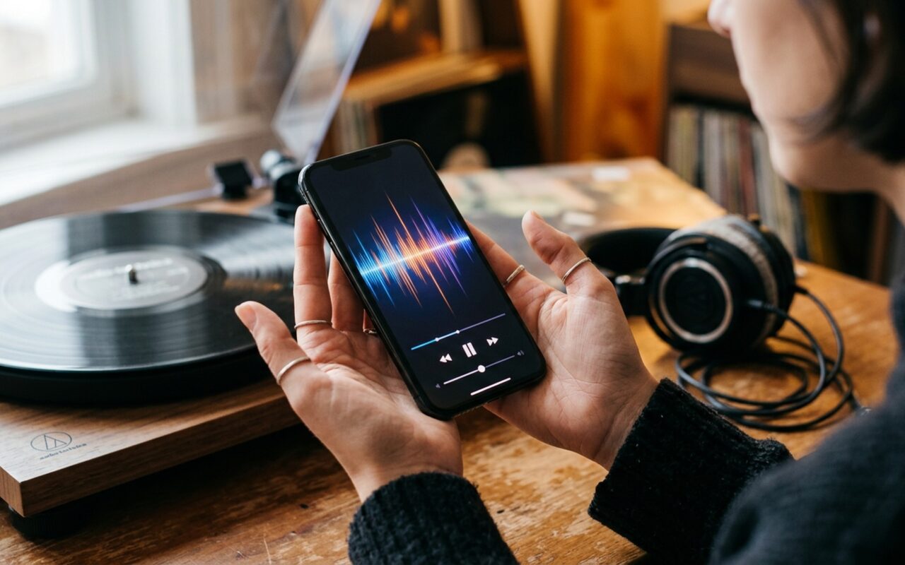 Hands holding smartphone with music waveform display next to vintage vinyl record and wireless headphones representing free music download sites