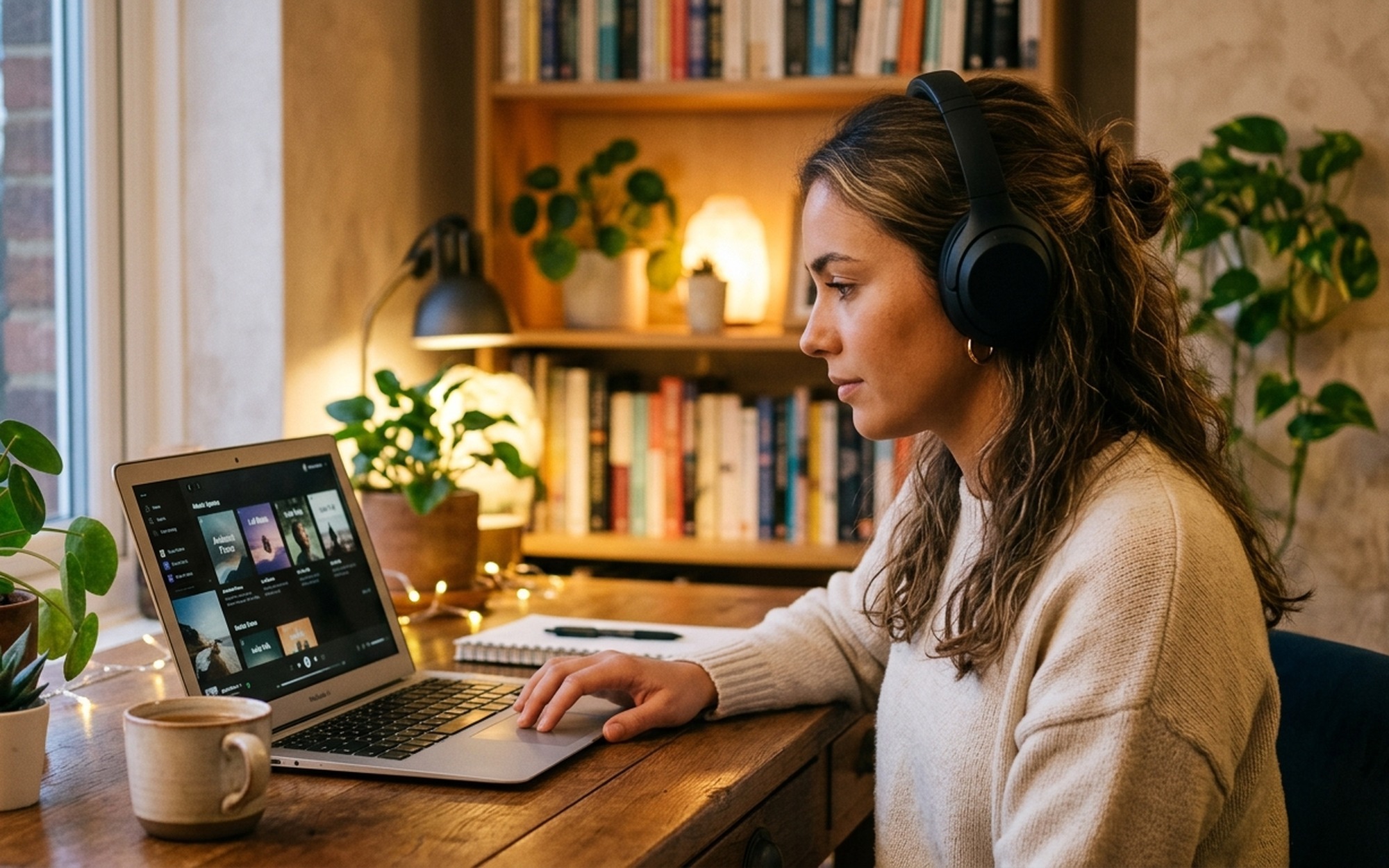 Woman wearing headphones browsing free legal music download sites on a laptop in a warm home office setting