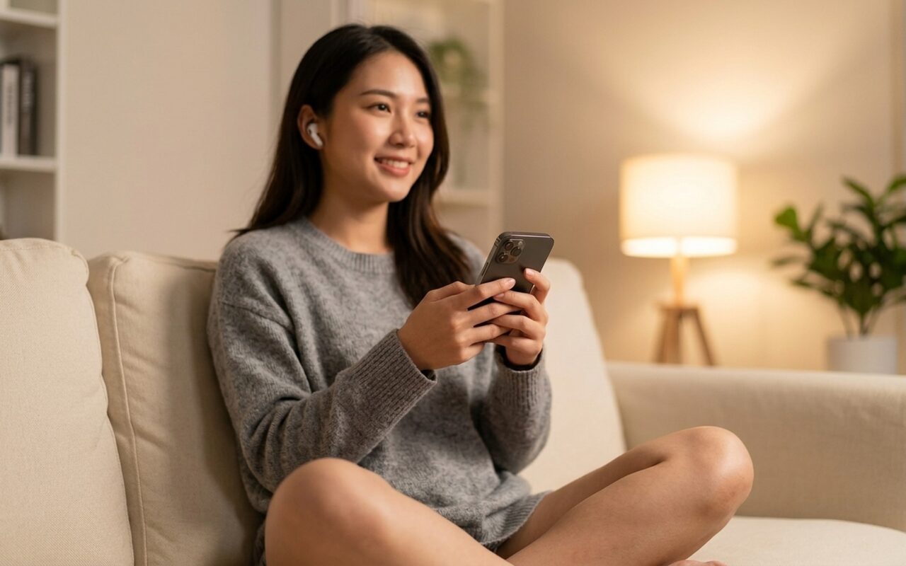Young woman listening to free music on iPhone using legal music apps in a cozy home environment in 2026
