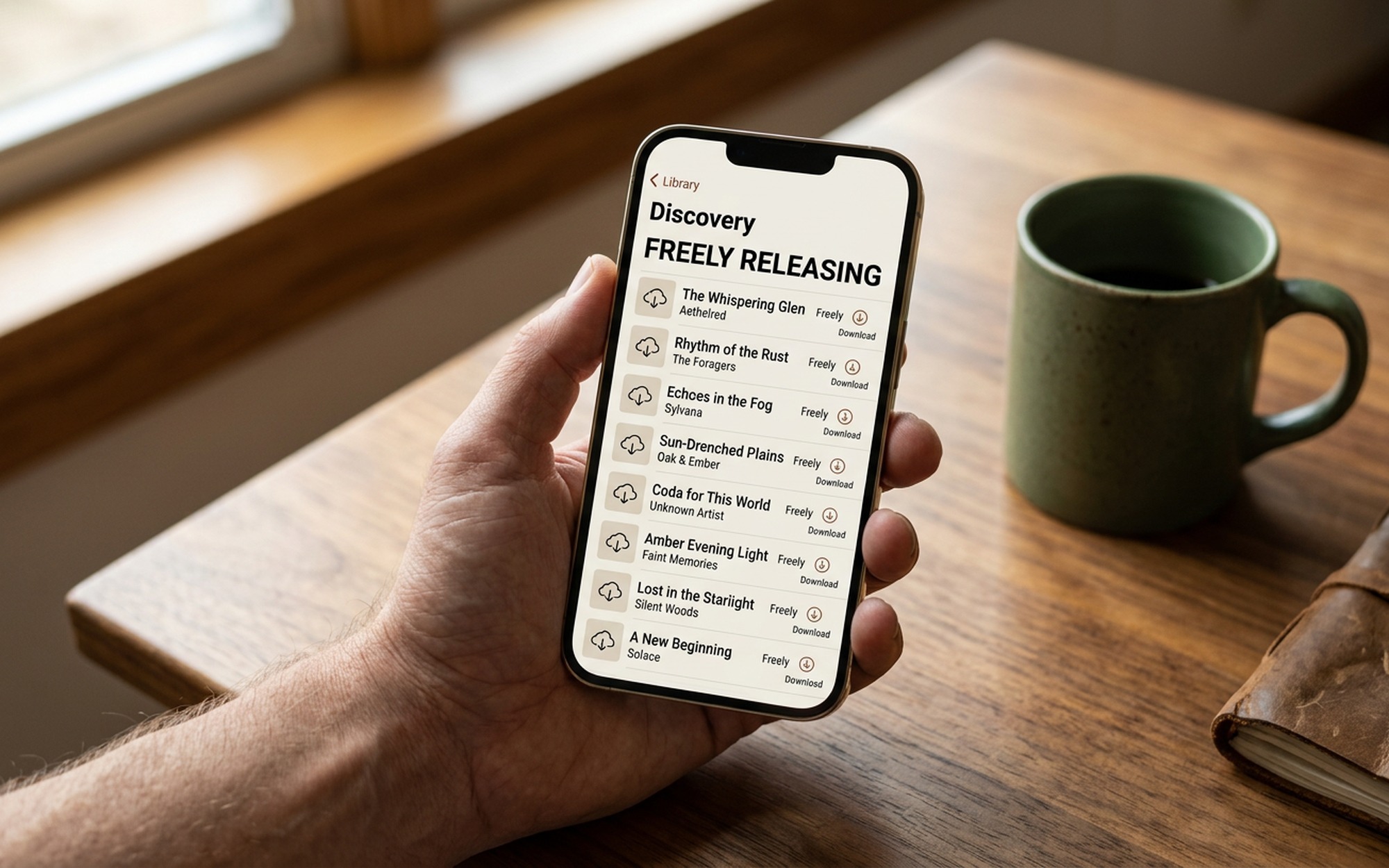 Person browsing Freegal music app on iPhone connected to local US public library card account for free downloads