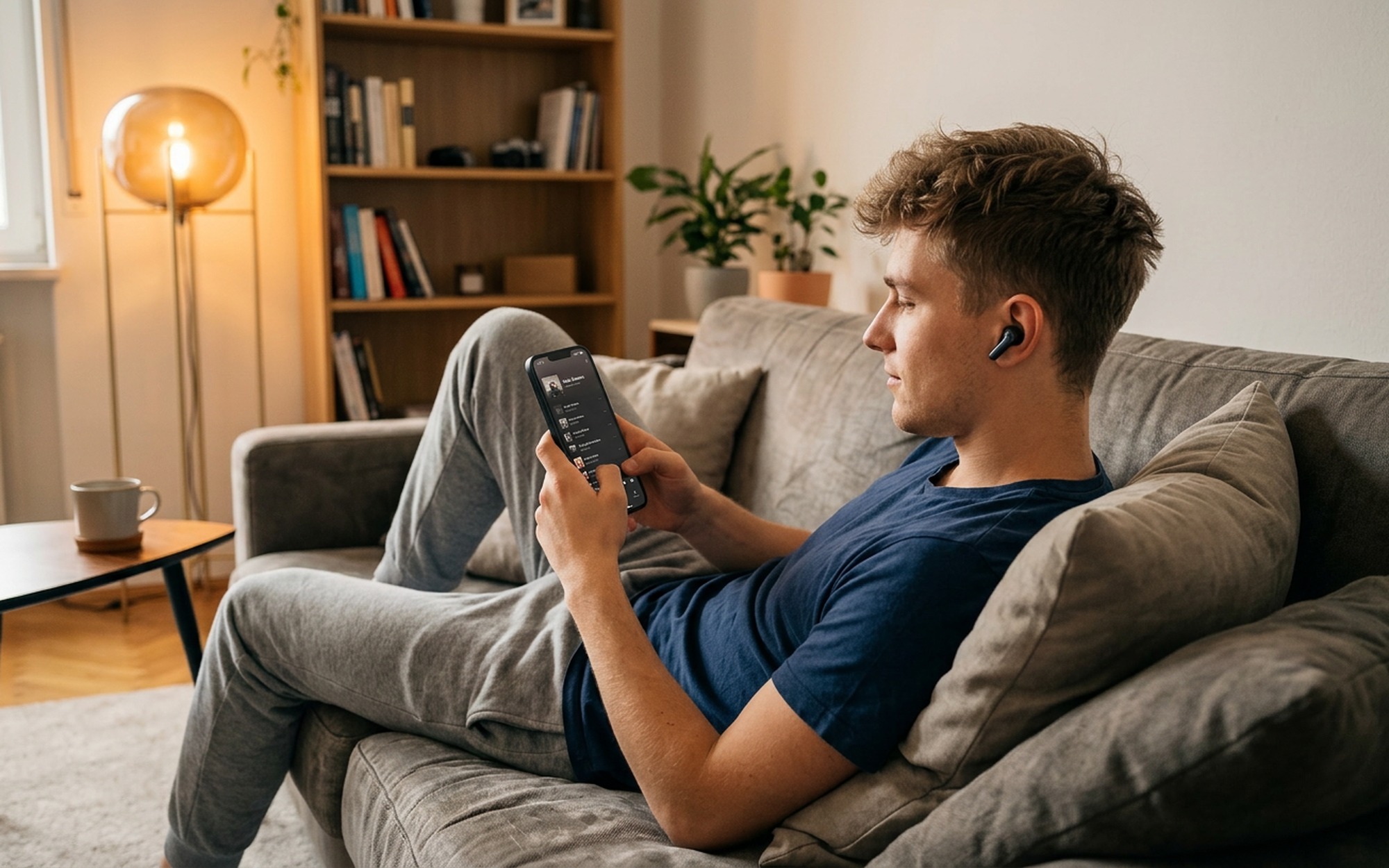 Man relaxing at home using Audiomack free music app on iPhone for offline listening without a subscription