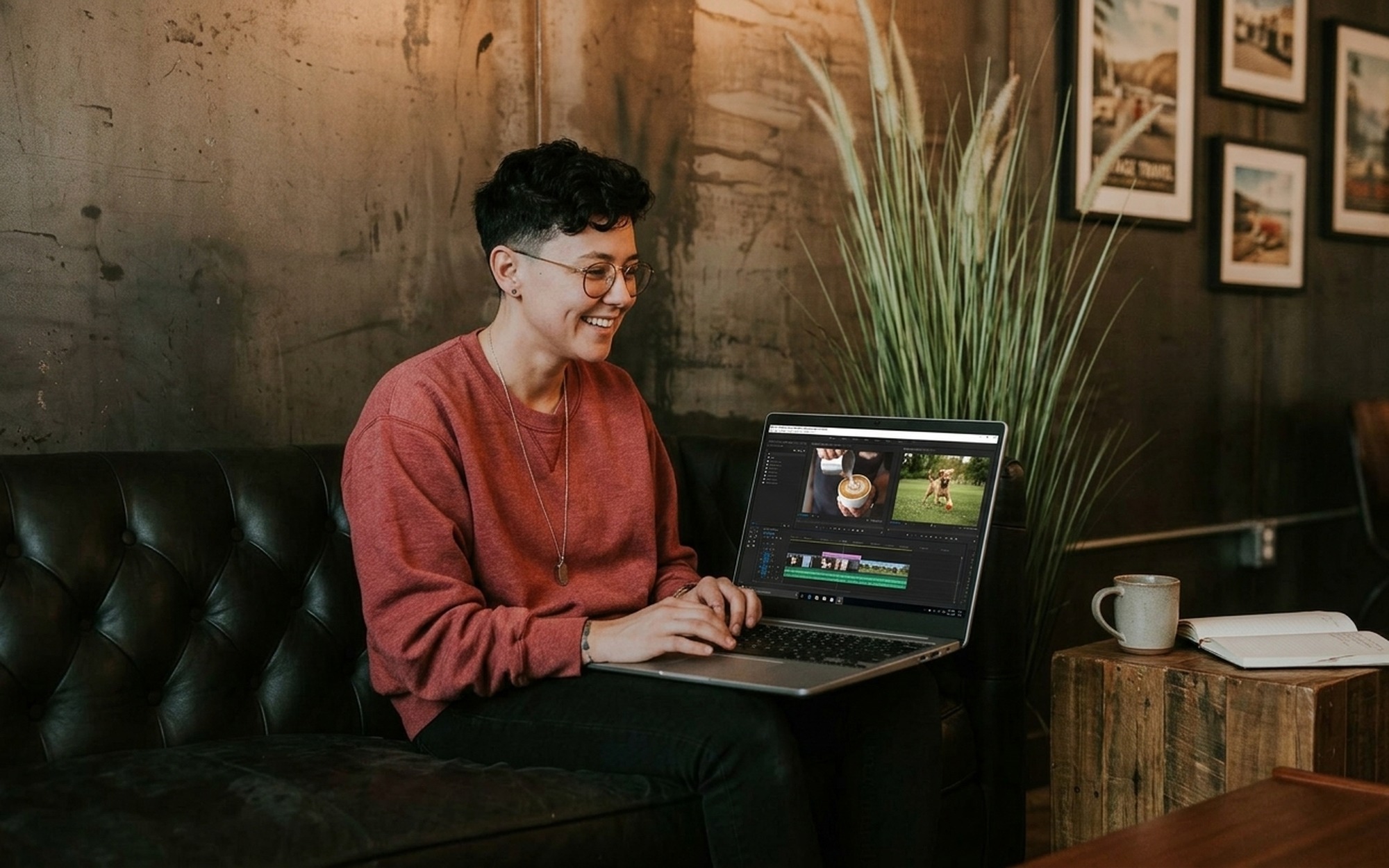 Young man reviewing short-form social media videos on a laptop using a free browser-based video editing tool, casual home setting