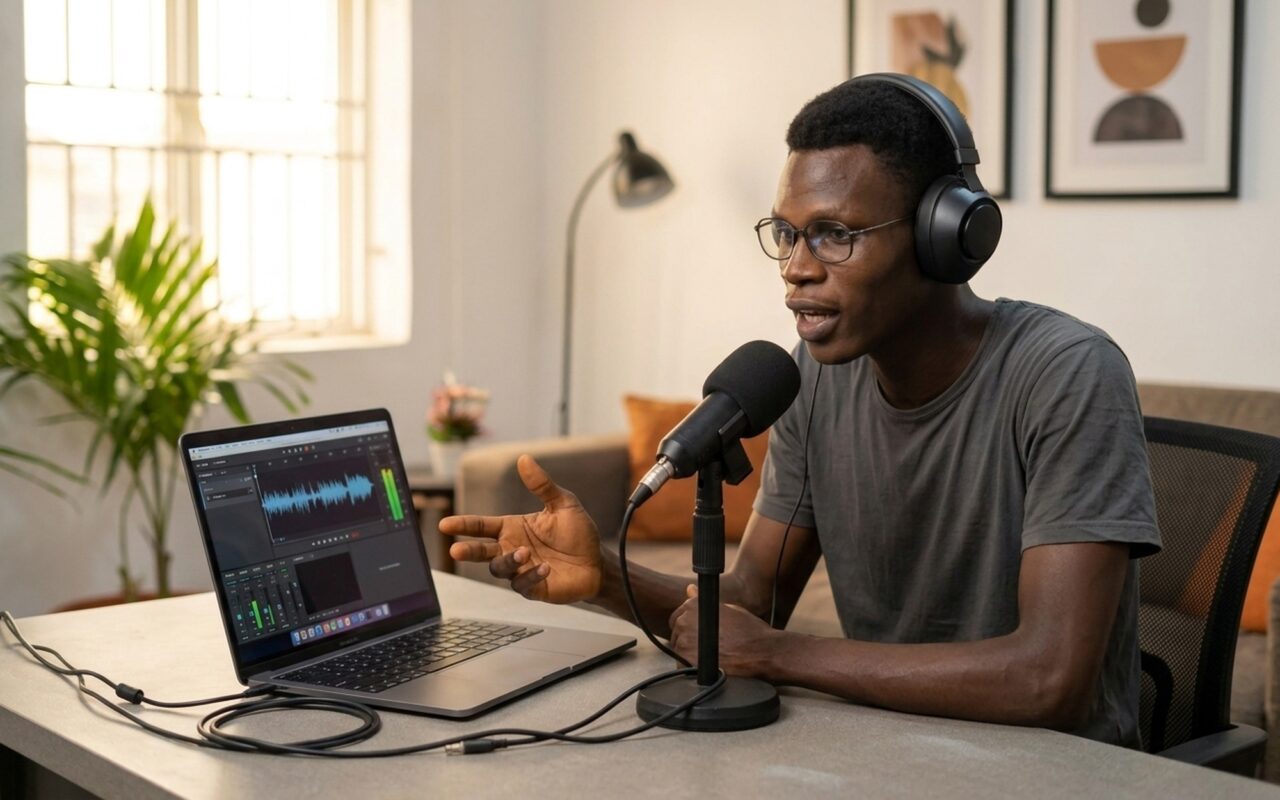 Person wearing headphones recording voice using free audio recording software on a laptop at a bright home desk