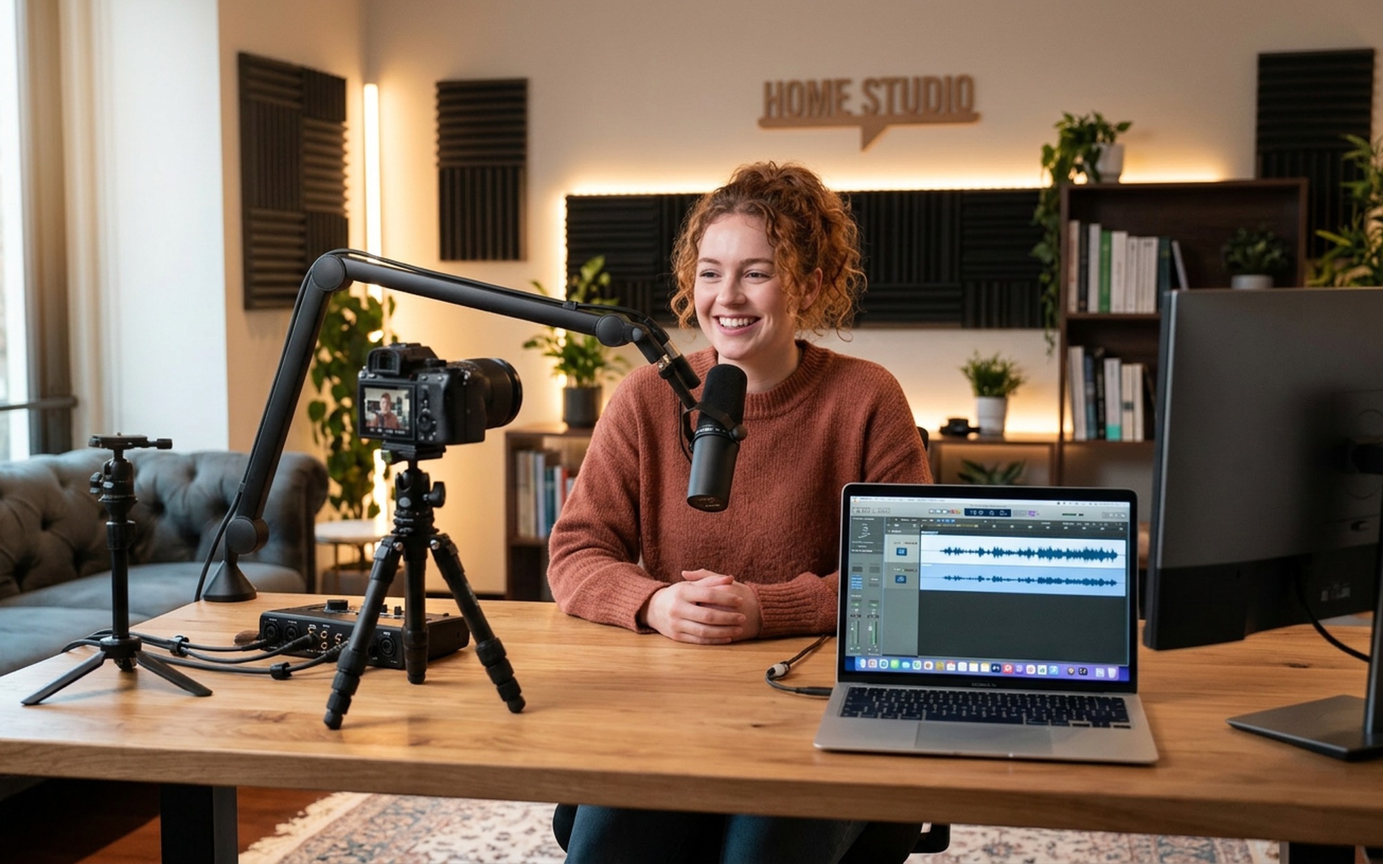 Young woman recording a podcast episode using free voice recording software on her laptop in a home studio setup