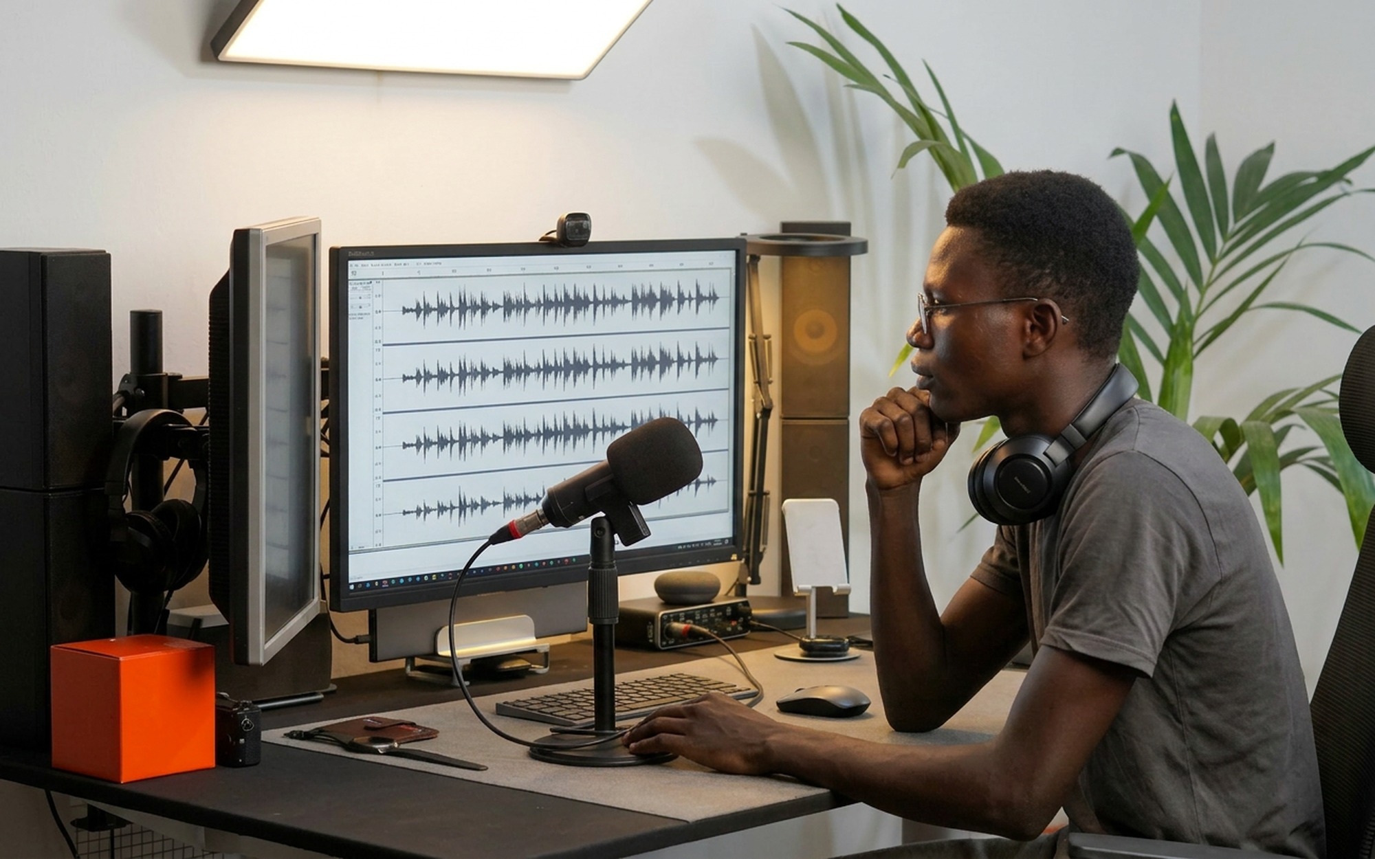 Man reviewing free audio recording software options on a desktop computer screen at a modern well-lit workspace