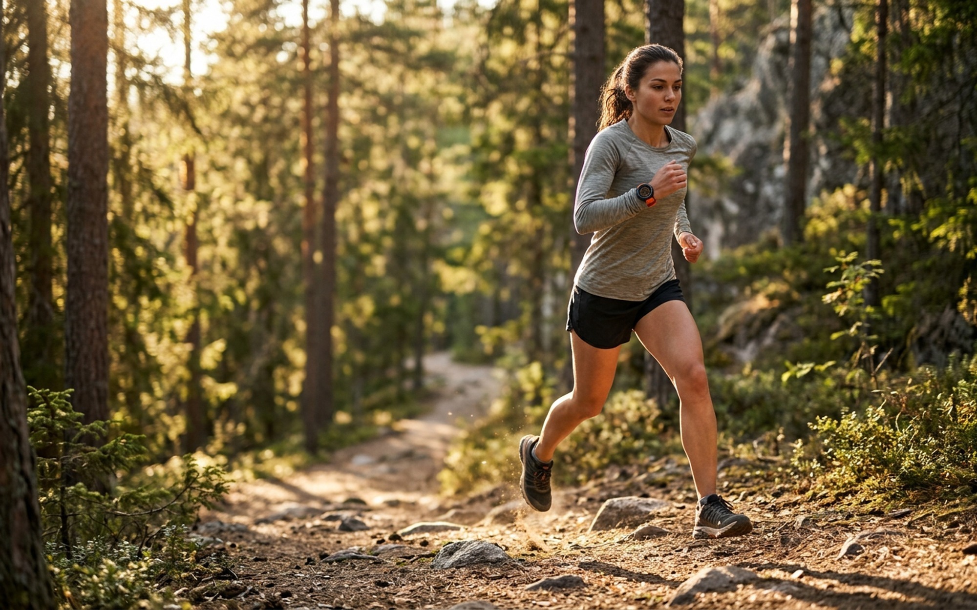 Trail runner wearing Garmin Instinct 3 Solar rugged outdoor GPS smartwatch mid-stride on a sunlit forest path