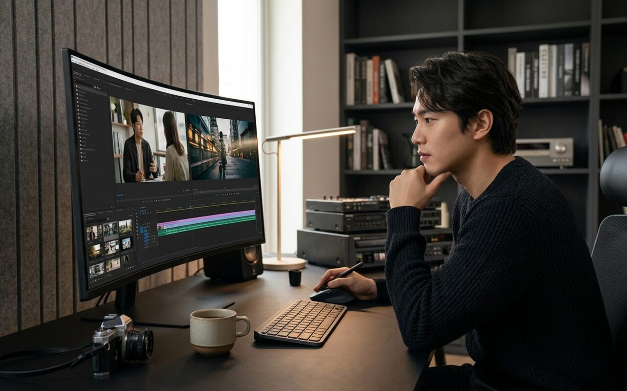 Creative professional at a curved ultrawide workstation reviewing Google Gemini Omni AI-generated video comparing results against Seedance 2.0 AI video model outputs