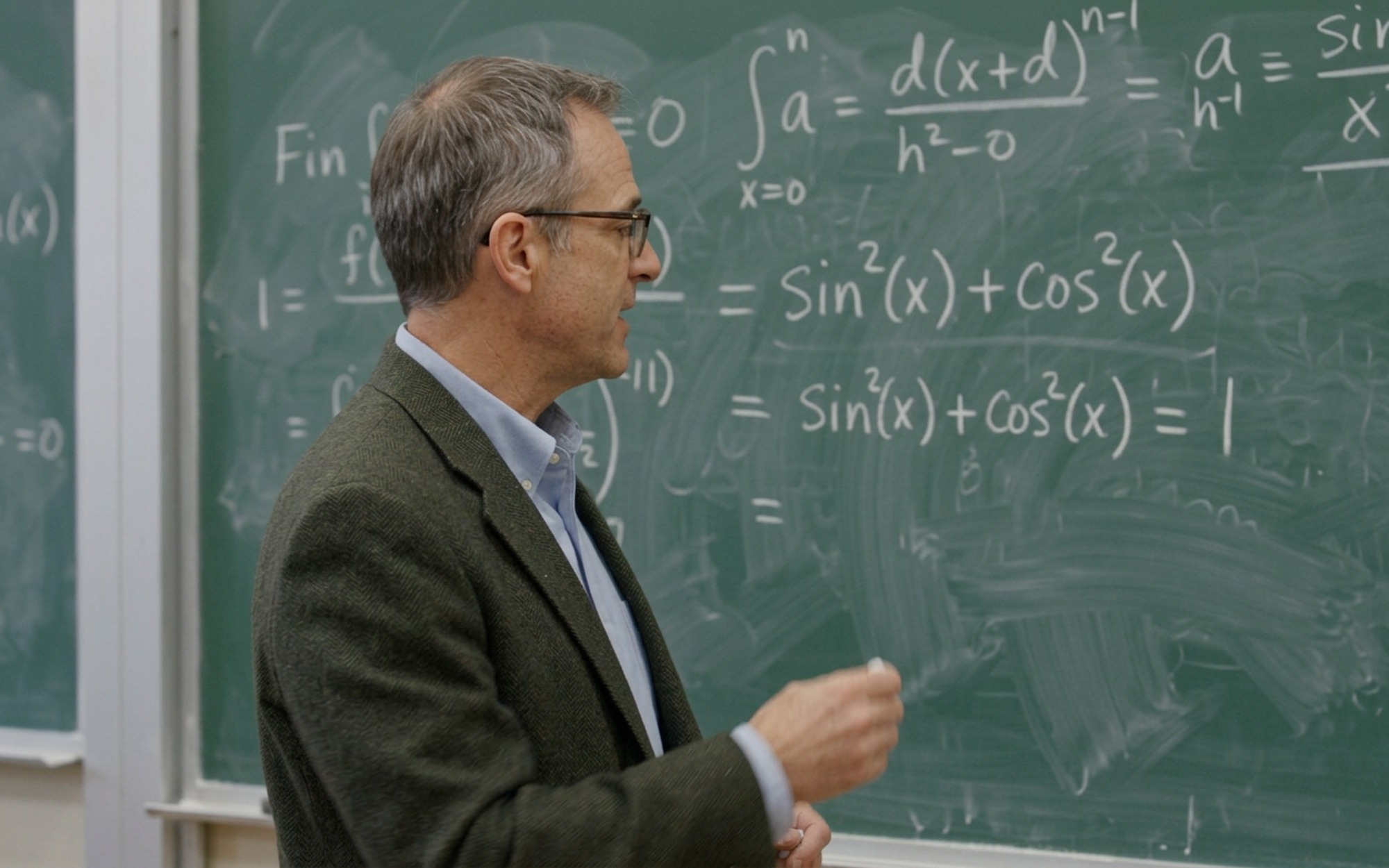AI-generated video frame from Gemini Omni showing professor writing accurate trigonometric equations on green chalkboard demonstrating best-in-class text rendering capability