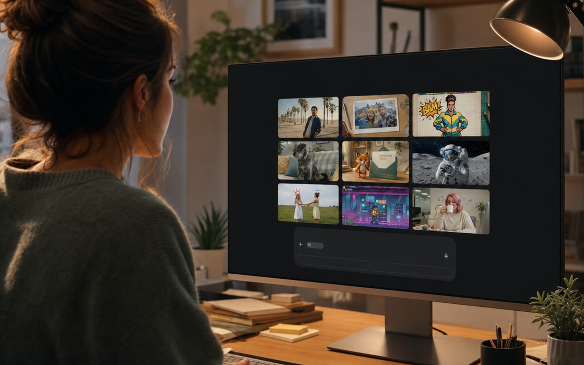 Creative professional watching vivid AI-generated video content on a large curved monitor in a dark cinematic home studio