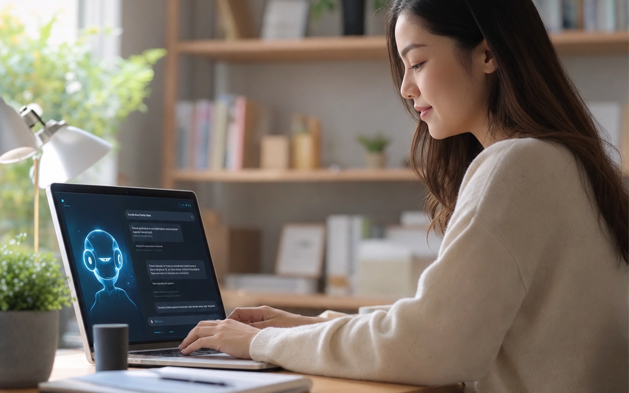 Young Asian woman using an AI agent chat interface on a laptop at a softly lit home office desk