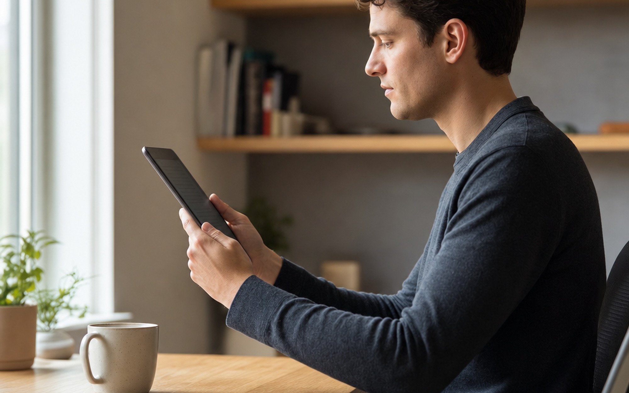 Young man holding a tablet showing a Gemini AI assistant interface while sitting in a sunlit modern cafe with a coffee cup