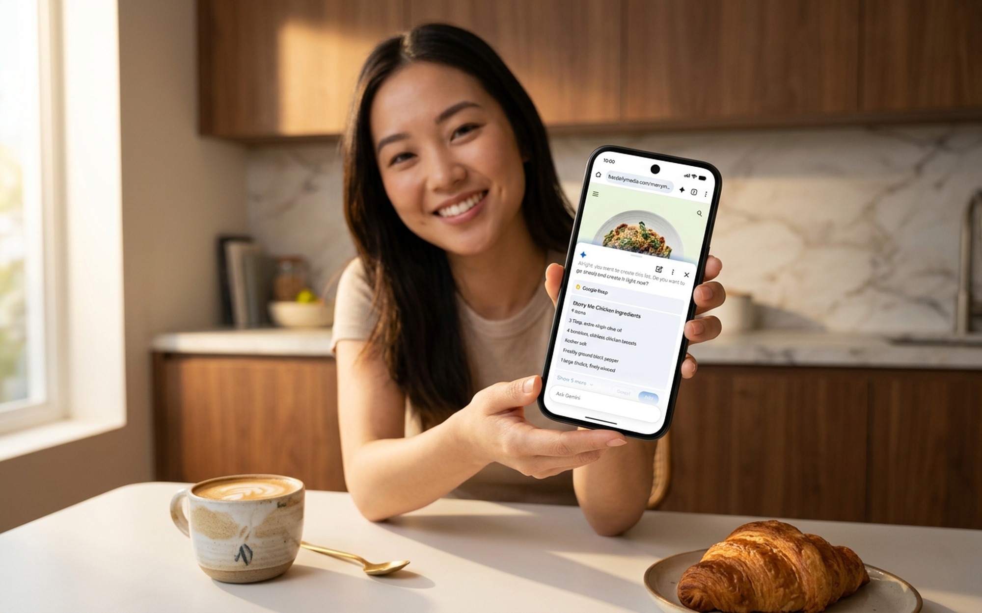 Young woman at kitchen table holding Android smartphone with Gemini Intelligence AI assistant interface showing recipe suggestions on screen
