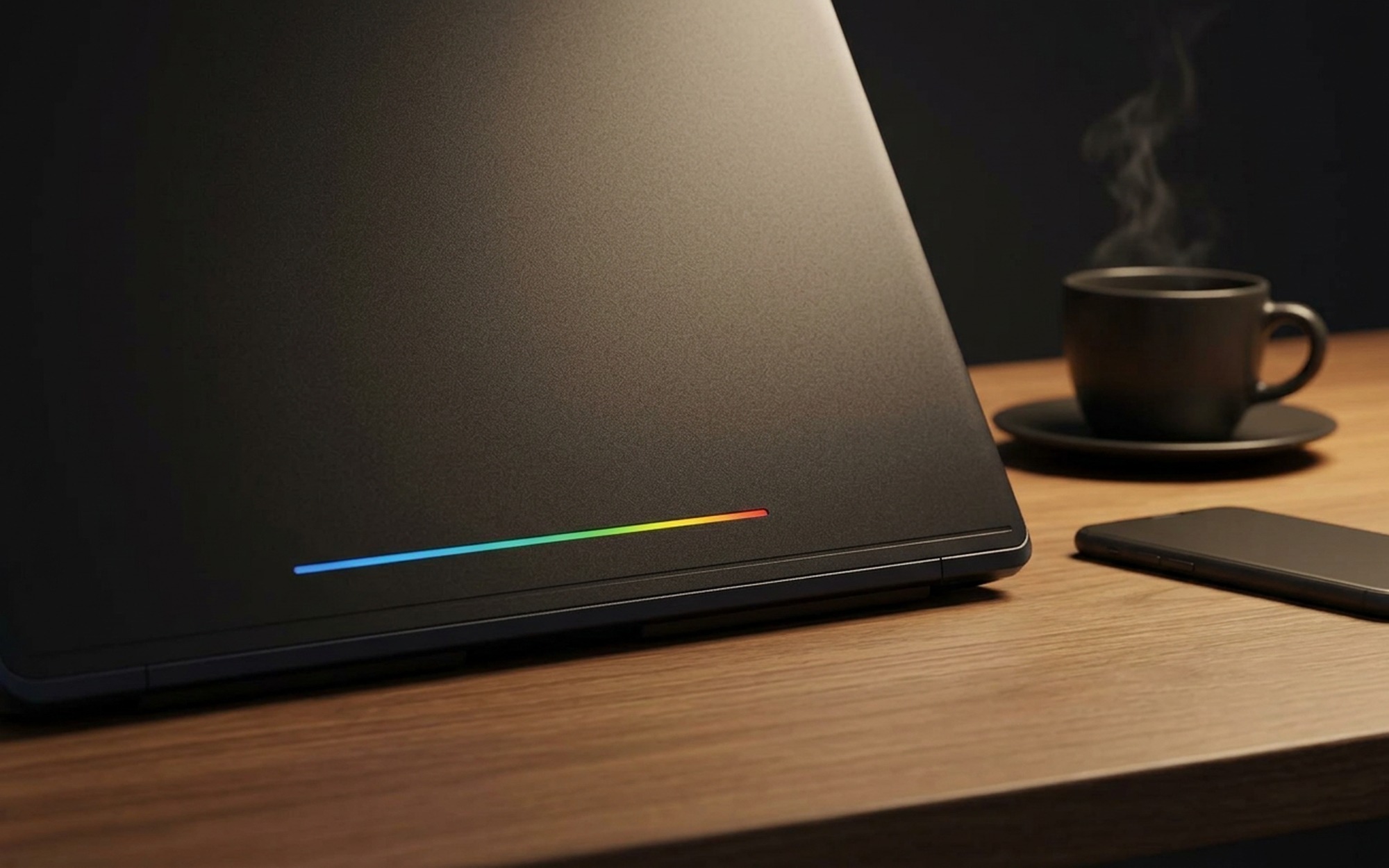 Google Googlebook laptop with rainbow LED light strip on dark matte lid placed on a minimalist wooden desk, Google I/O 2026 AI laptop
